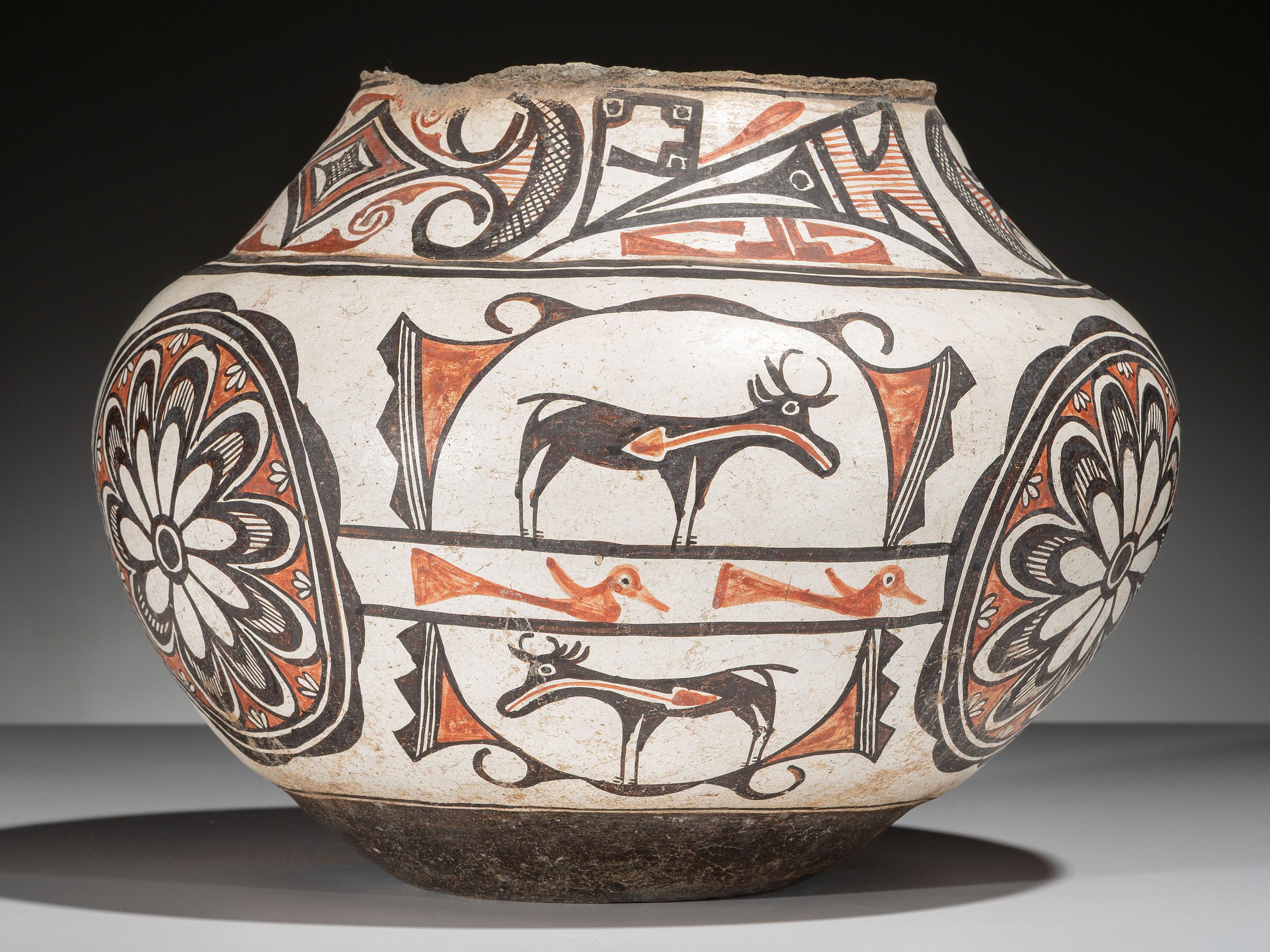 Zuni Polychrome Pottery Olla, with Heartline Deer