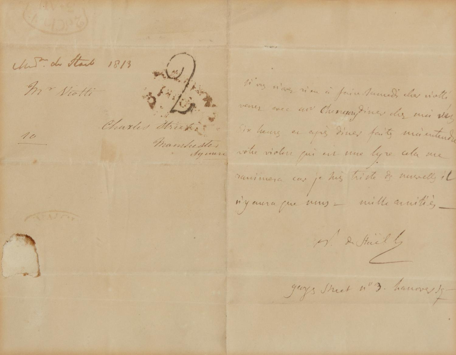 DE STAËL-HOLSTEIN, Anne Louise Germaine, Madame (1766-1817). Autograph letter signed “Mme de Staël”. [1813]. To Giovanni Battista Viotti.