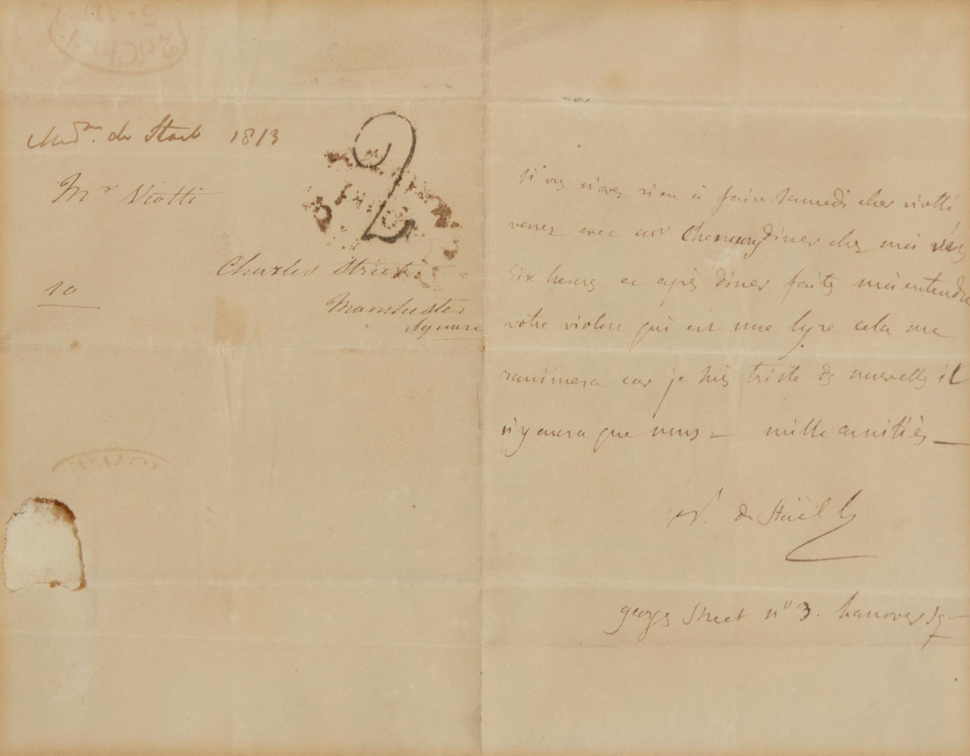 DE STAËL-HOLSTEIN, Anne Louise Germaine, Madame (1766-1817). Autograph letter signed “Mme de Staël”. [1813]. To Giovanni Battista Viotti.