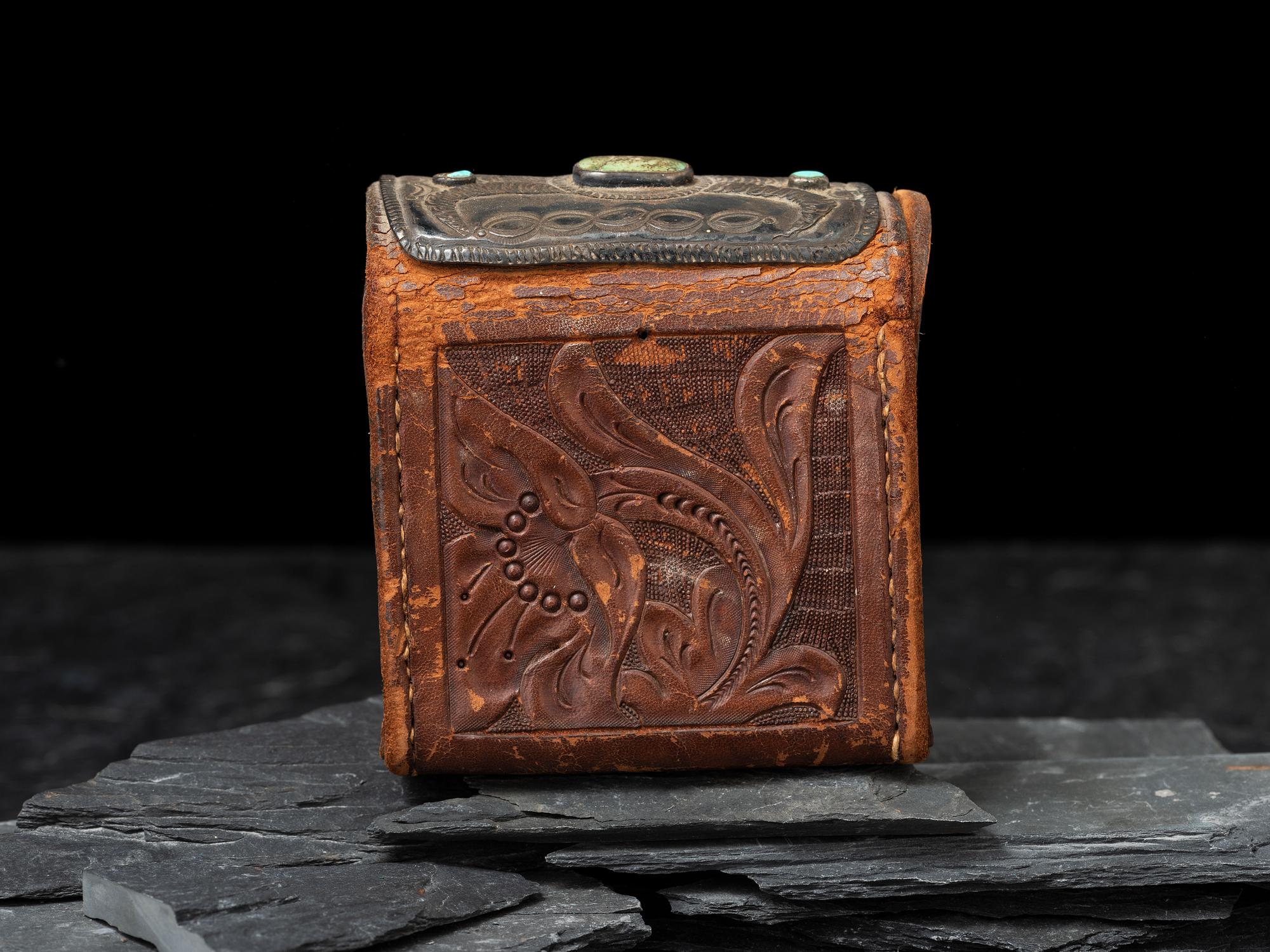 Western Tooled Leather Box, with Navajo Silver and Turquoise Concha