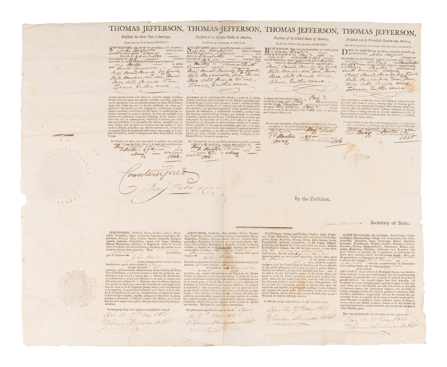 JEFFERSON, Thomas (1743-1826). Partly printed document signed ("Th. Jefferson"), as President, countersigned by James MADISON (1751-1836) as Secretary of State, 27 May 1806.