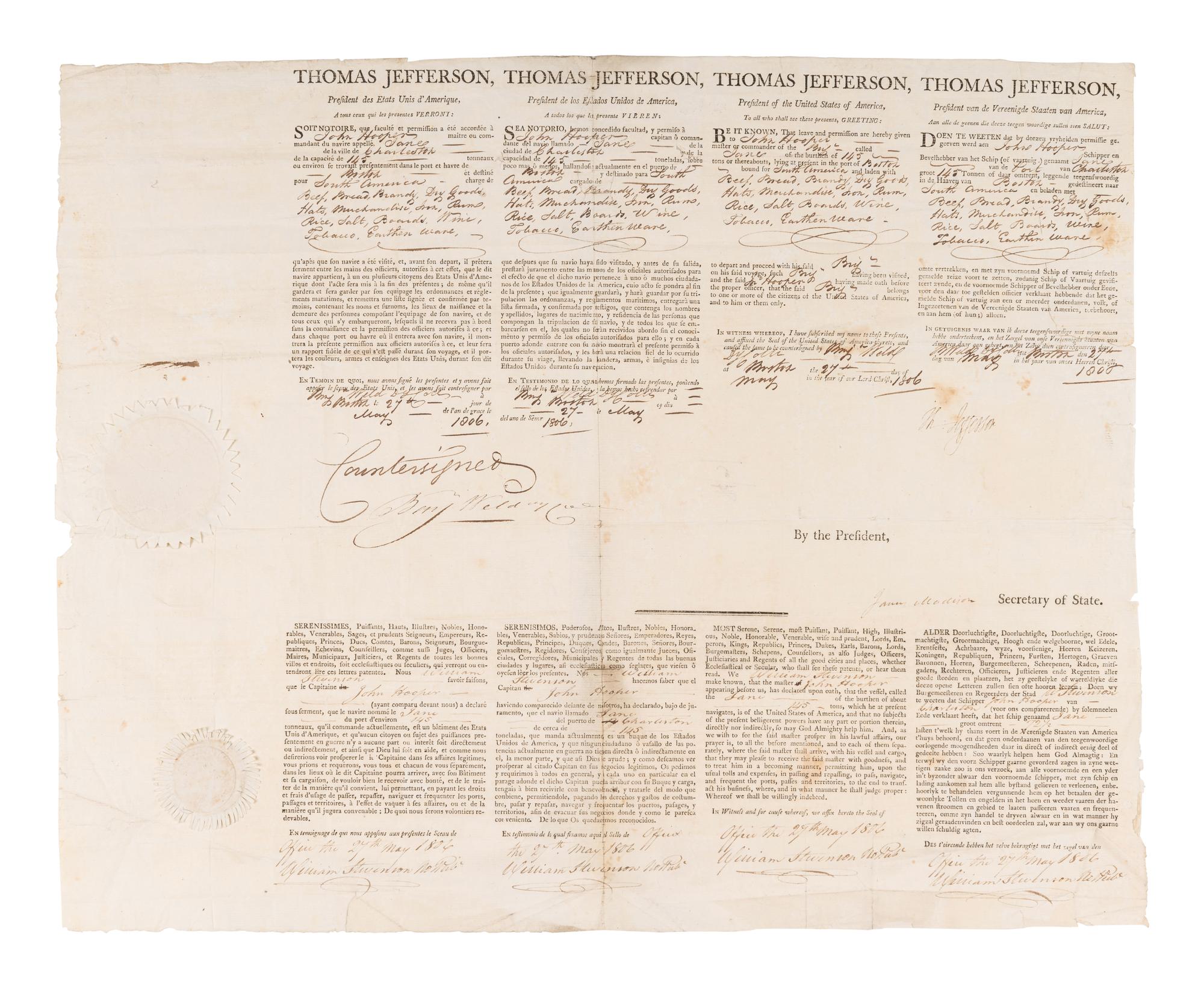 JEFFERSON, Thomas (1743-1826). Partly printed document signed ("Th. Jefferson"), as President, countersigned by James MADISON (1751-1836) as Secretary of State, 27 May 1806.