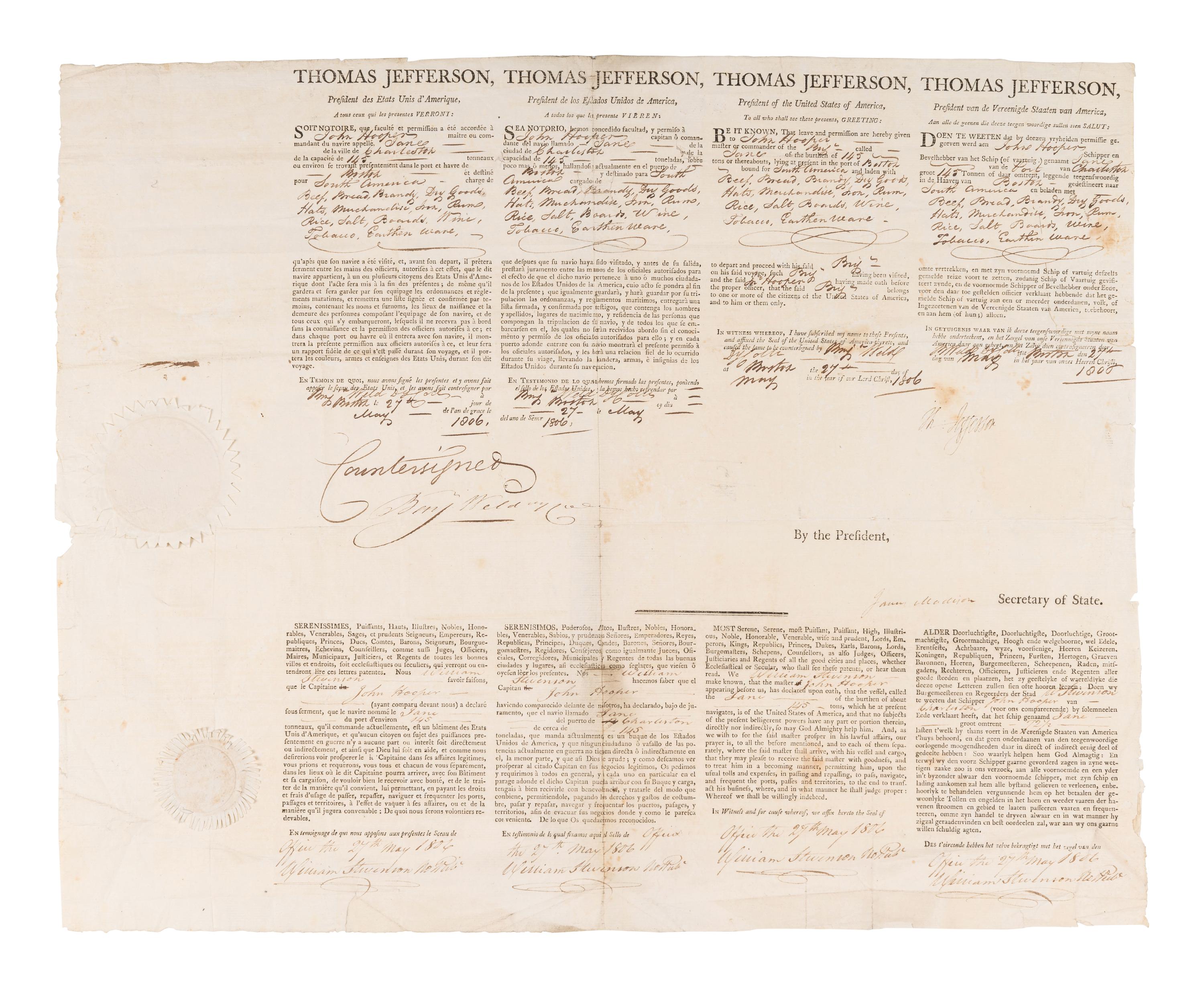 JEFFERSON, Thomas (1743-1826). Partly printed document signed ("Th. Jefferson"), as President, countersigned by James MADISON (1751-1836) as Secretary of State, 27 May 1806.