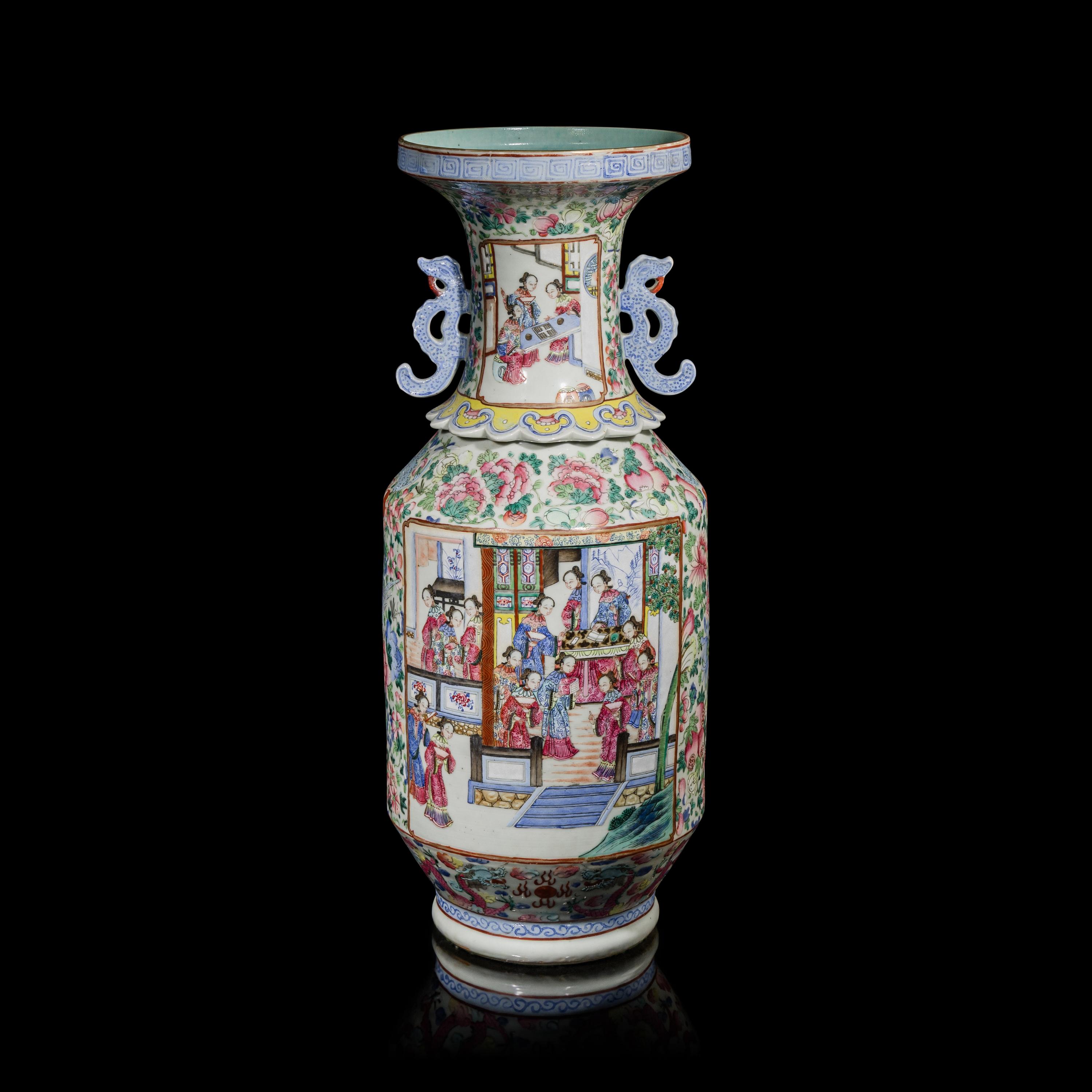 A Large Chinese Famille Rose Porcelain Vase, Late 19th Century — 清晚期 粉彩開光人物故事圖雙耳大賞瓶