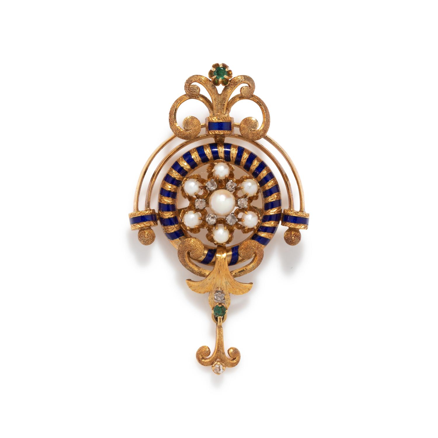 DIAMOND, CULTURED PEARL, EMERALD AND ENAMEL BROOCH