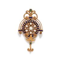DIAMOND, CULTURED PEARL, EMERALD AND ENAMEL BROOCH