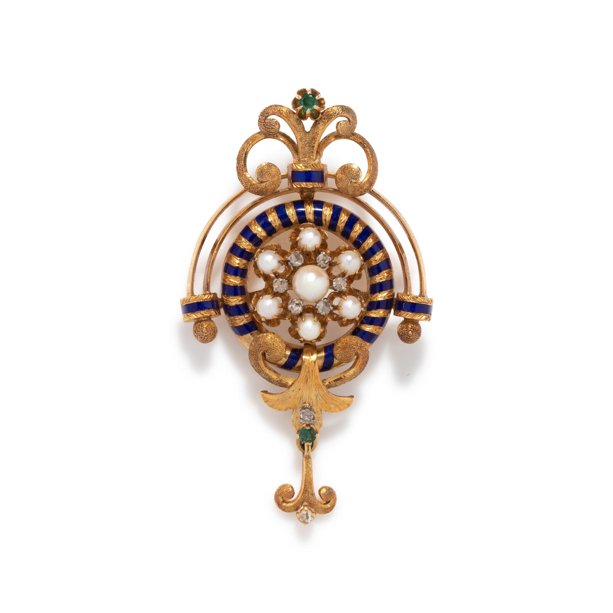 DIAMOND, CULTURED PEARL, EMERALD AND ENAMEL BROOCH