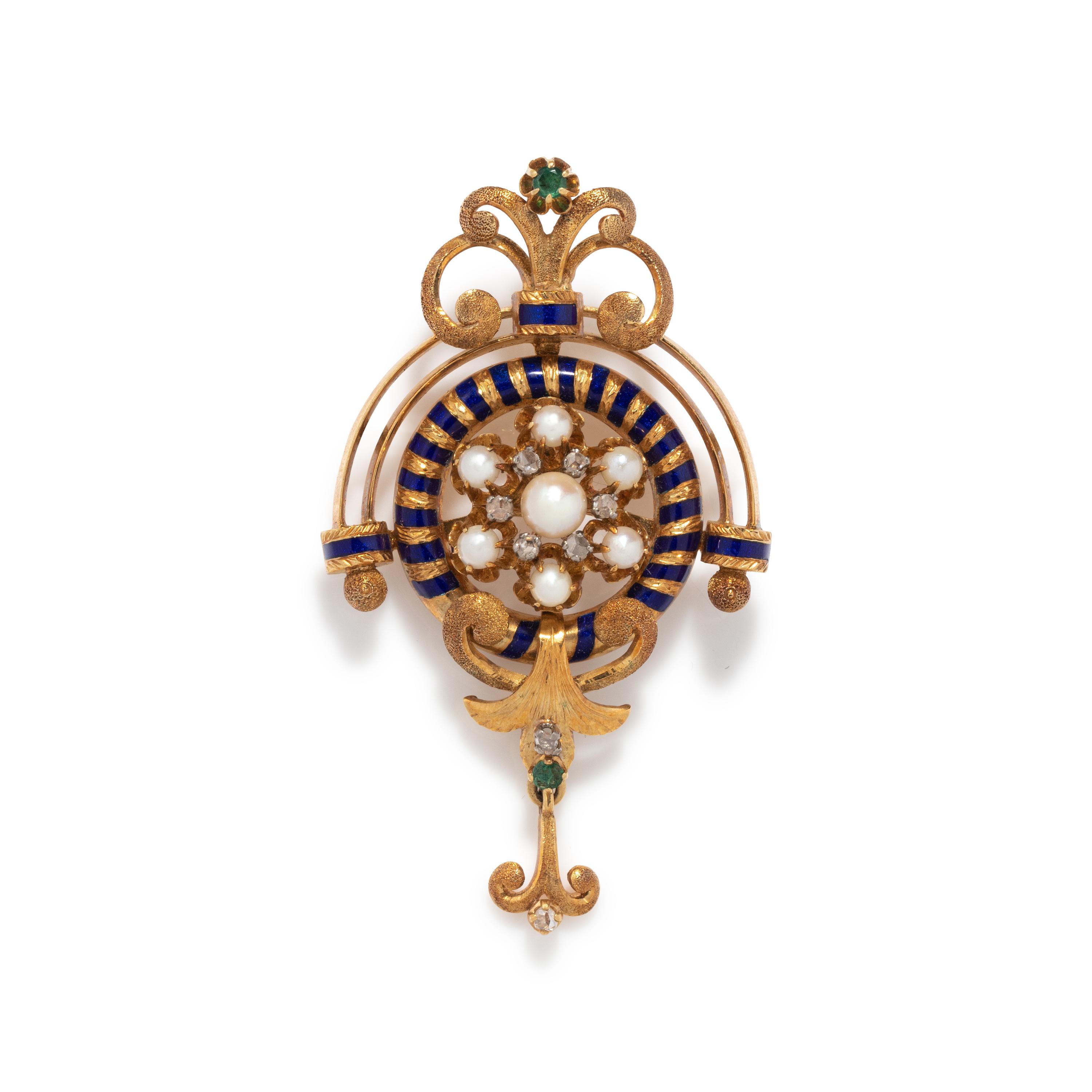 DIAMOND, CULTURED PEARL, EMERALD AND ENAMEL BROOCH