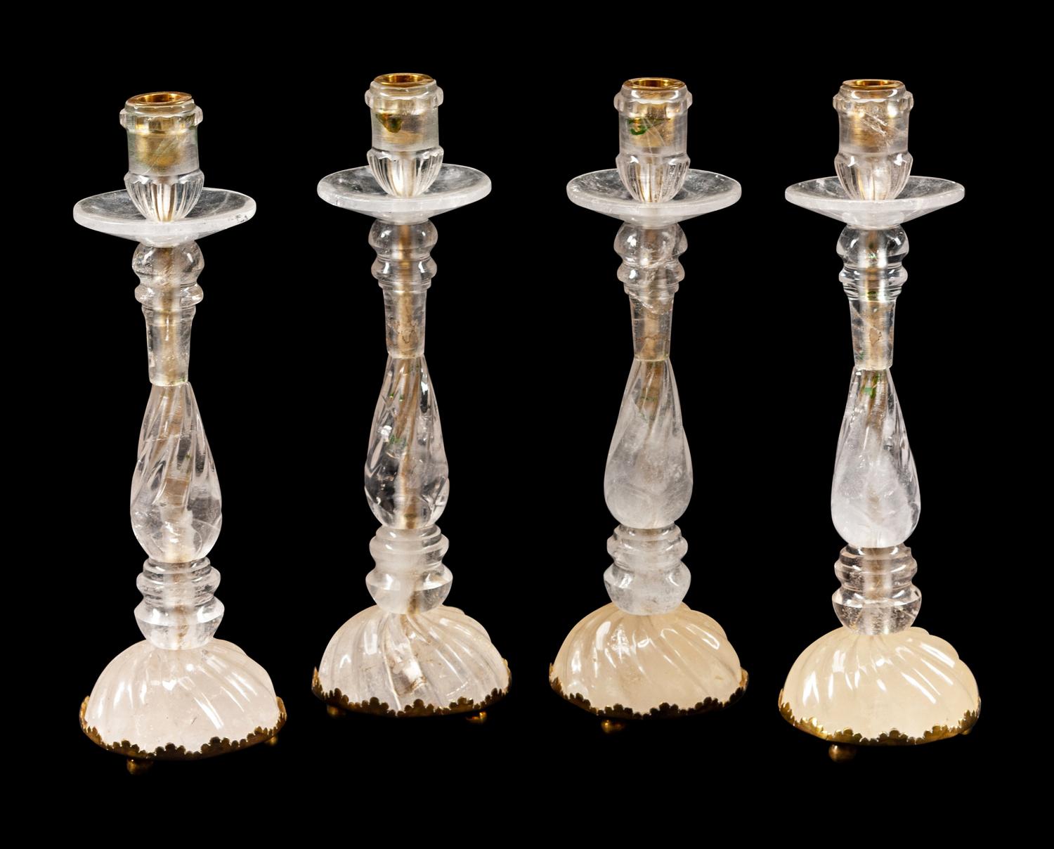 Four Neoclassical Style Gilt Metal Mounted Rock Crystal Candlesticks