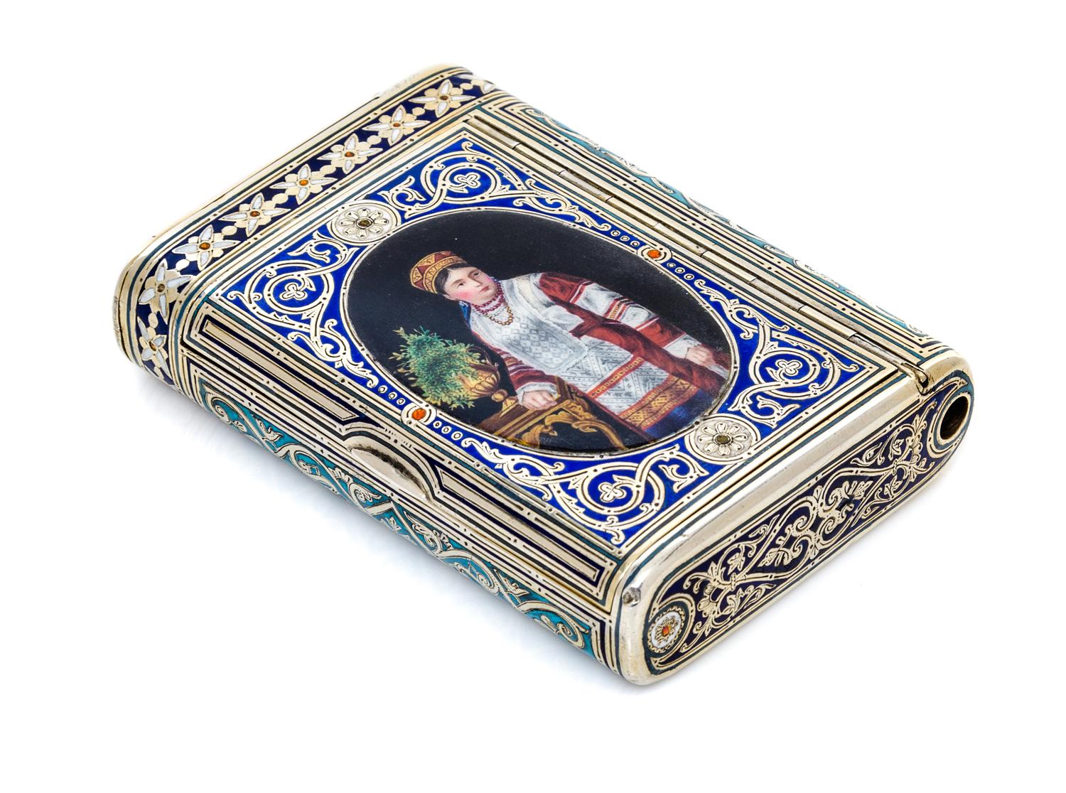 A Russian Silver and Enamel Cigarette Case, Mark of Mikhail Ovchinnikov with Imperial warrant, assay mark of Ivan Konstantinov, Moscow,