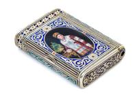A Russian Silver and Enamel Cigarette Case, Mark of Mikhail Ovchinnikov with Imperial warrant, assay mark of Ivan Konstantinov, Moscow,