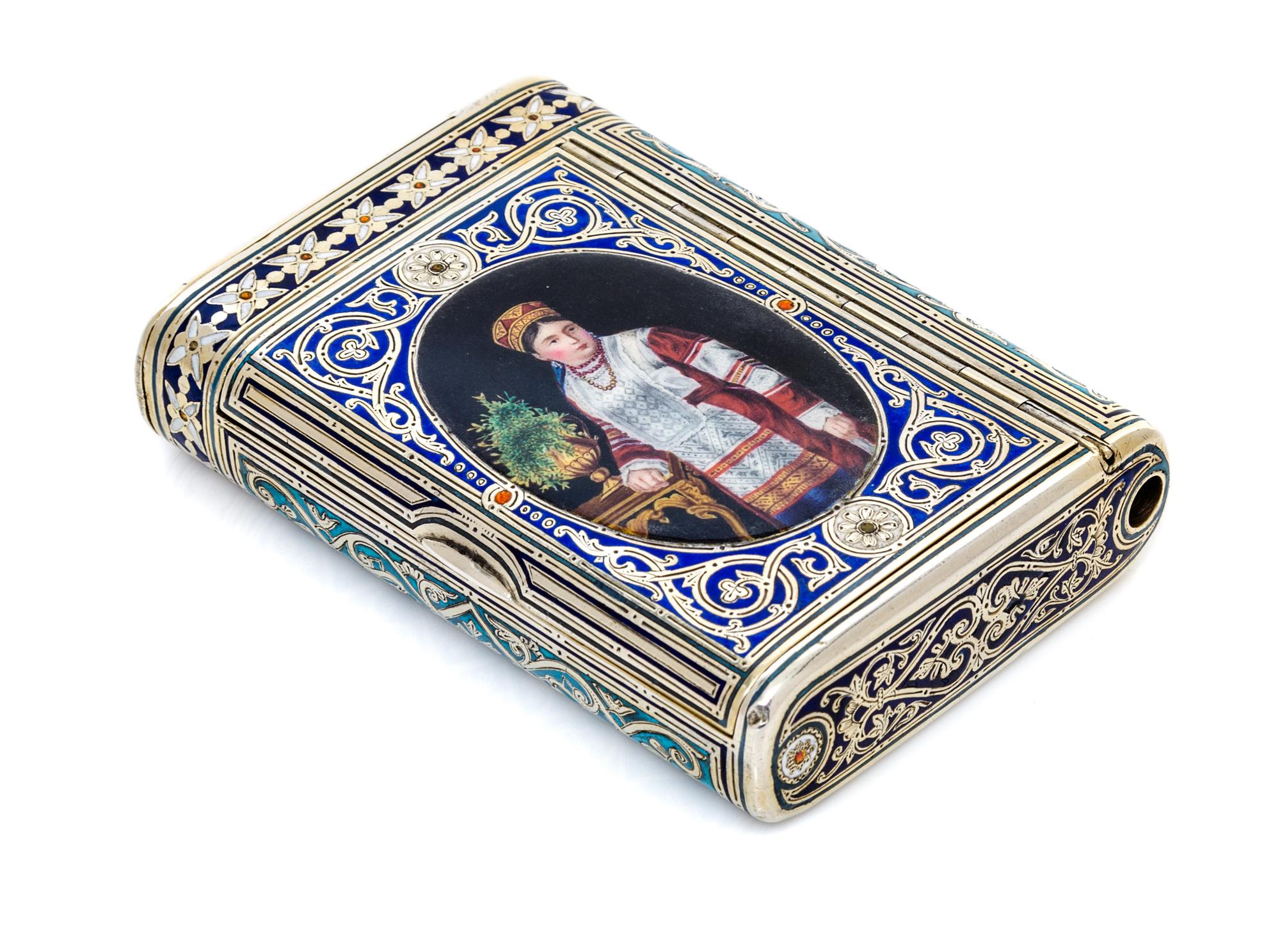 A Russian Silver and Enamel Cigarette Case, Mark of Mikhail Ovchinnikov with Imperial warrant, assay mark of Ivan Konstantinov, Moscow,