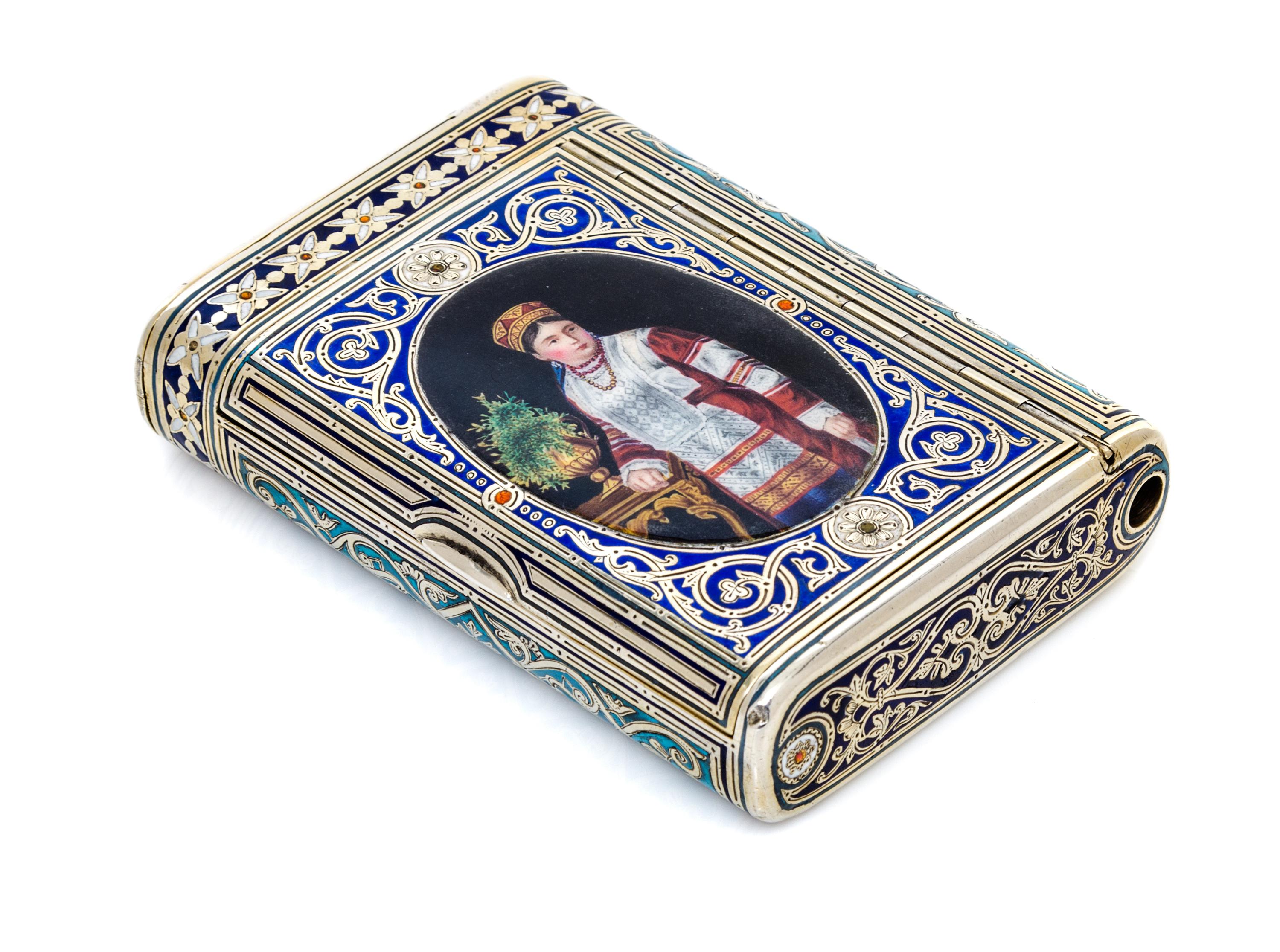A Russian Silver and Enamel Cigarette Case, Mark of Mikhail Ovchinnikov with Imperial warrant, assay mark of Ivan Konstantinov, Moscow,