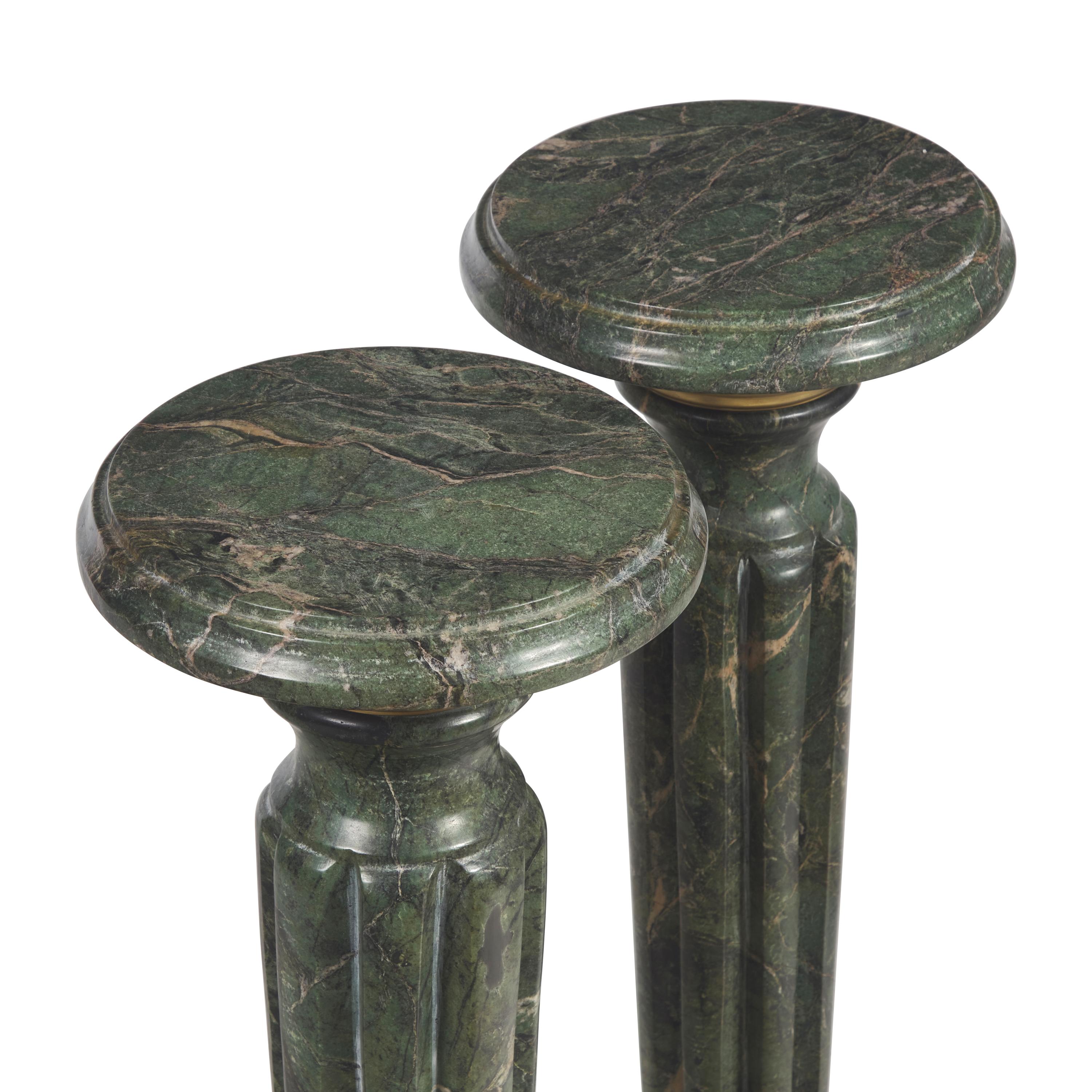 A Pair of Gilt Metal and Green Marble Pedestals