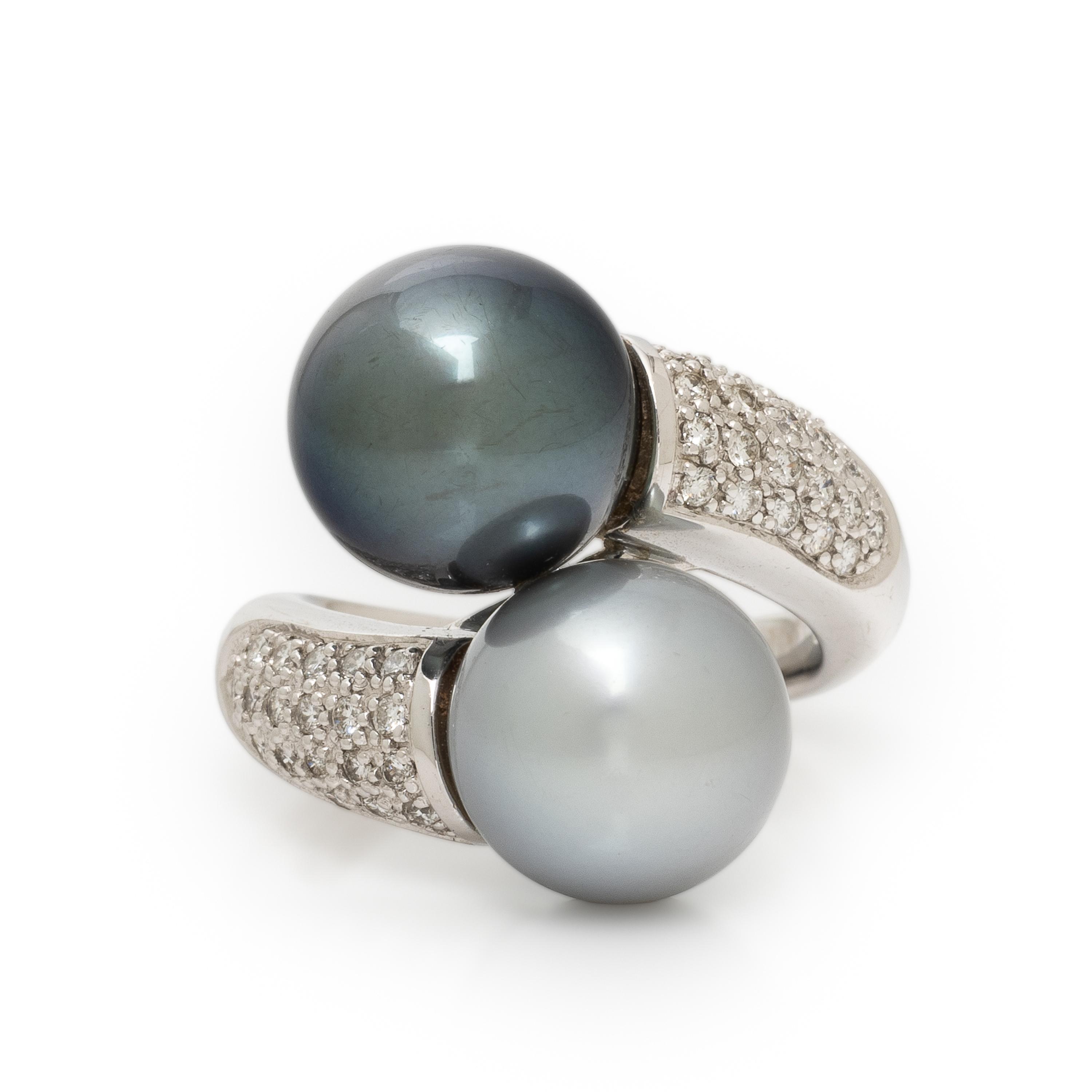 Cultured Pearl, Diamond, and White Gold Bypass Ring