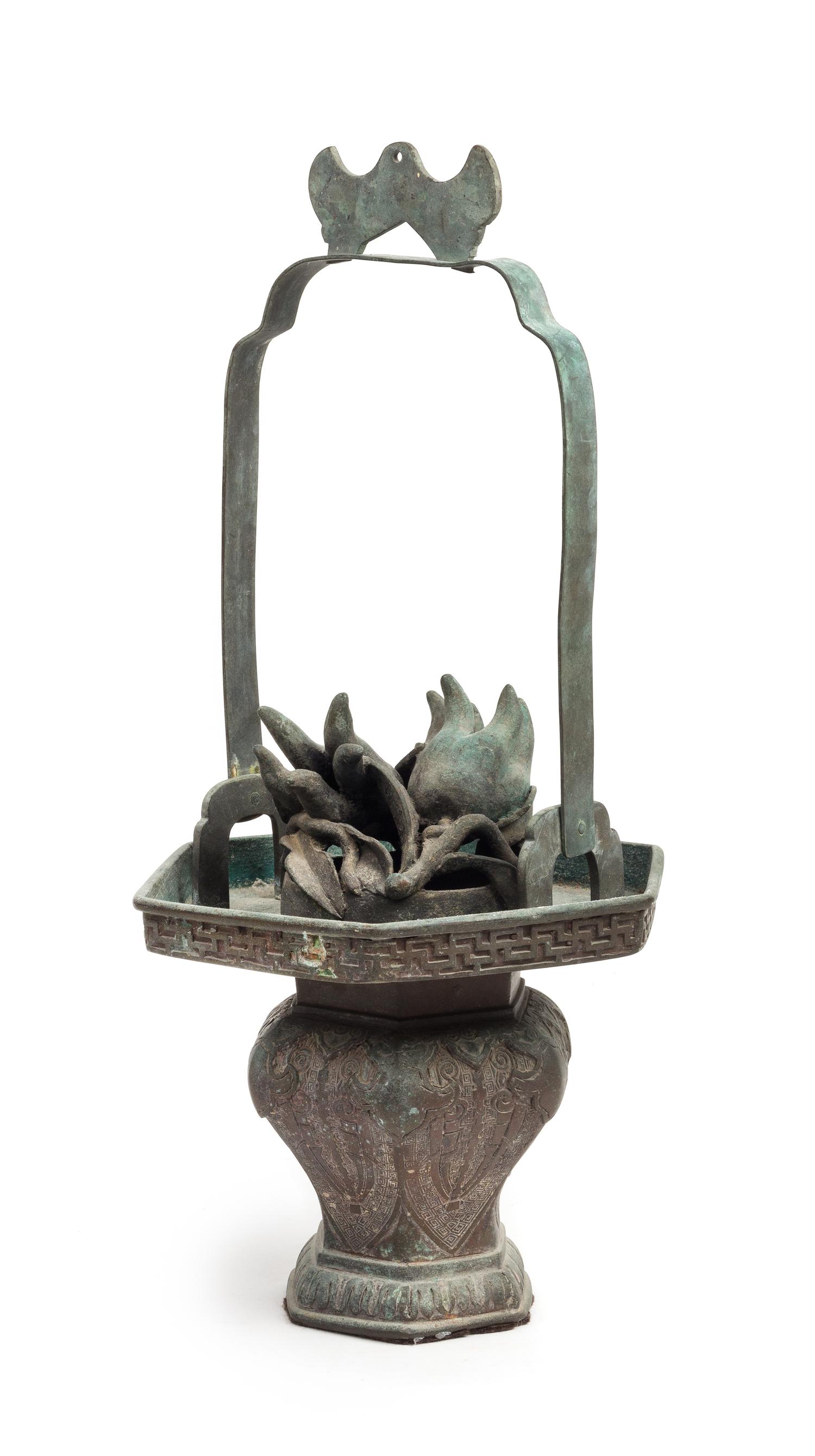 A Bronze Basket-Form Incense Burner Height 17 inches (over handle).