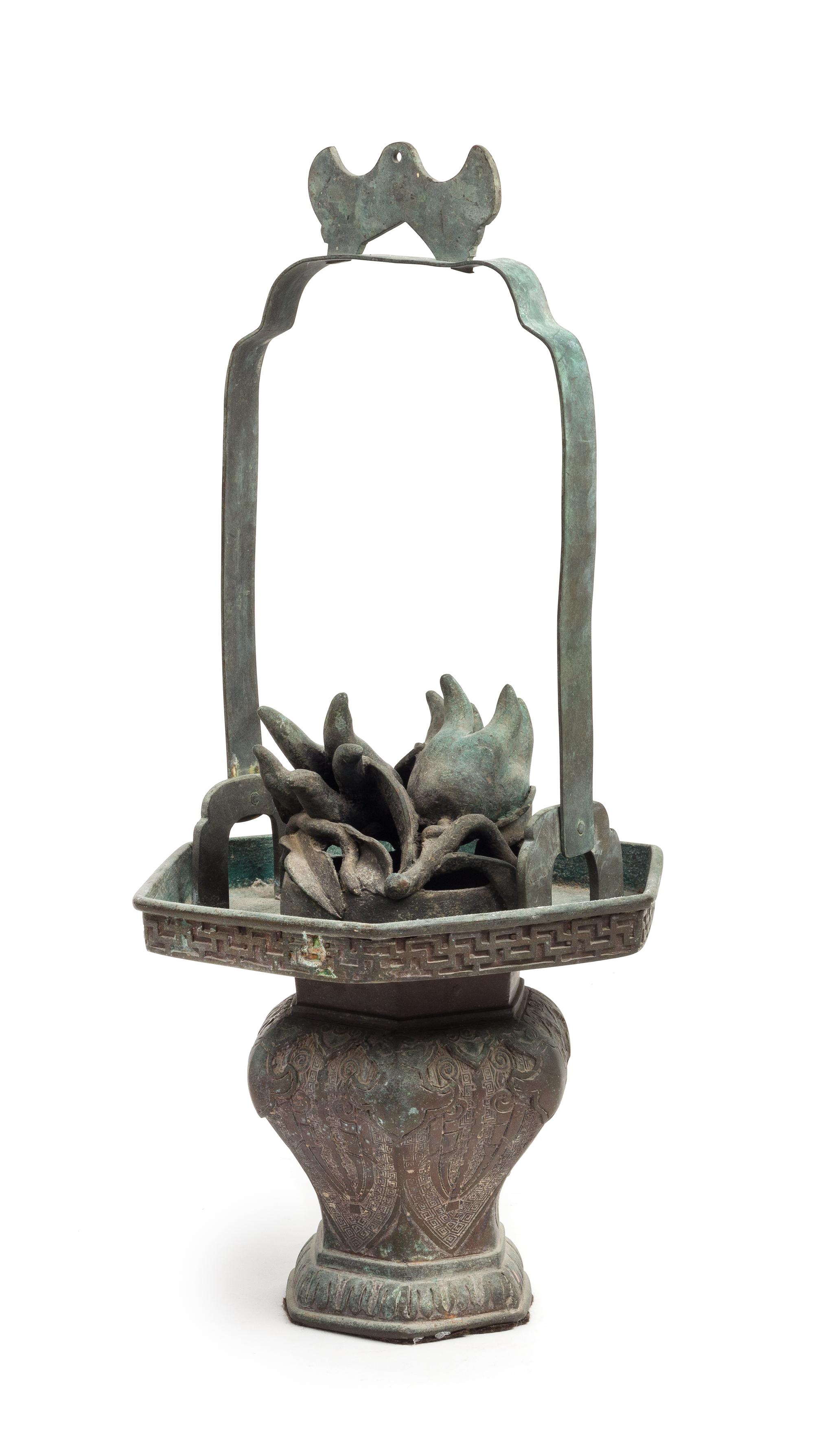 A Bronze Basket-Form Incense Burner Height 17 inches (over handle).