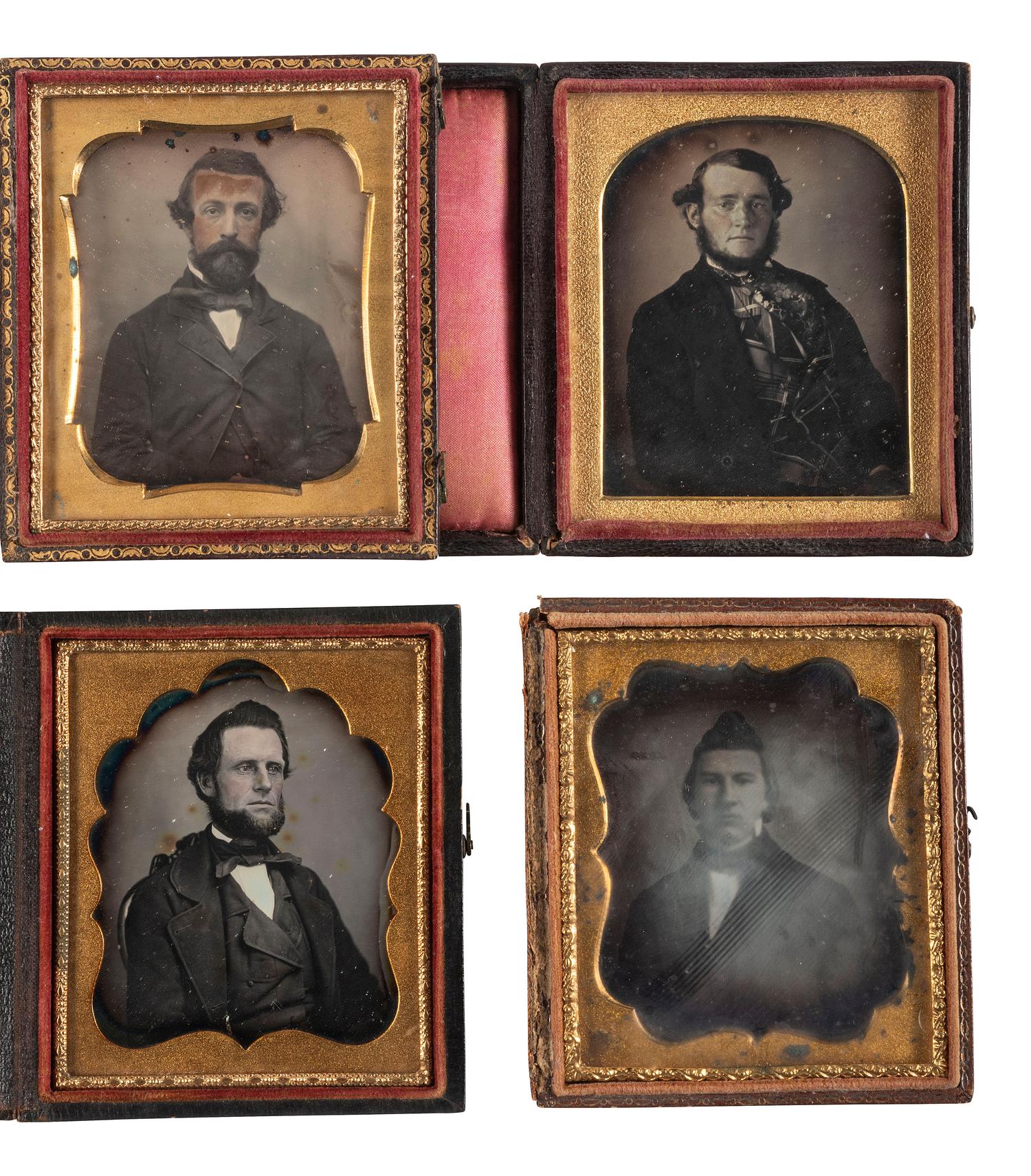 [EARLY PHOTOGRAPHY]. A group of 25 daguerreotype and ambrotype portraits of men with interesting hairstyles and facial hair, including:
