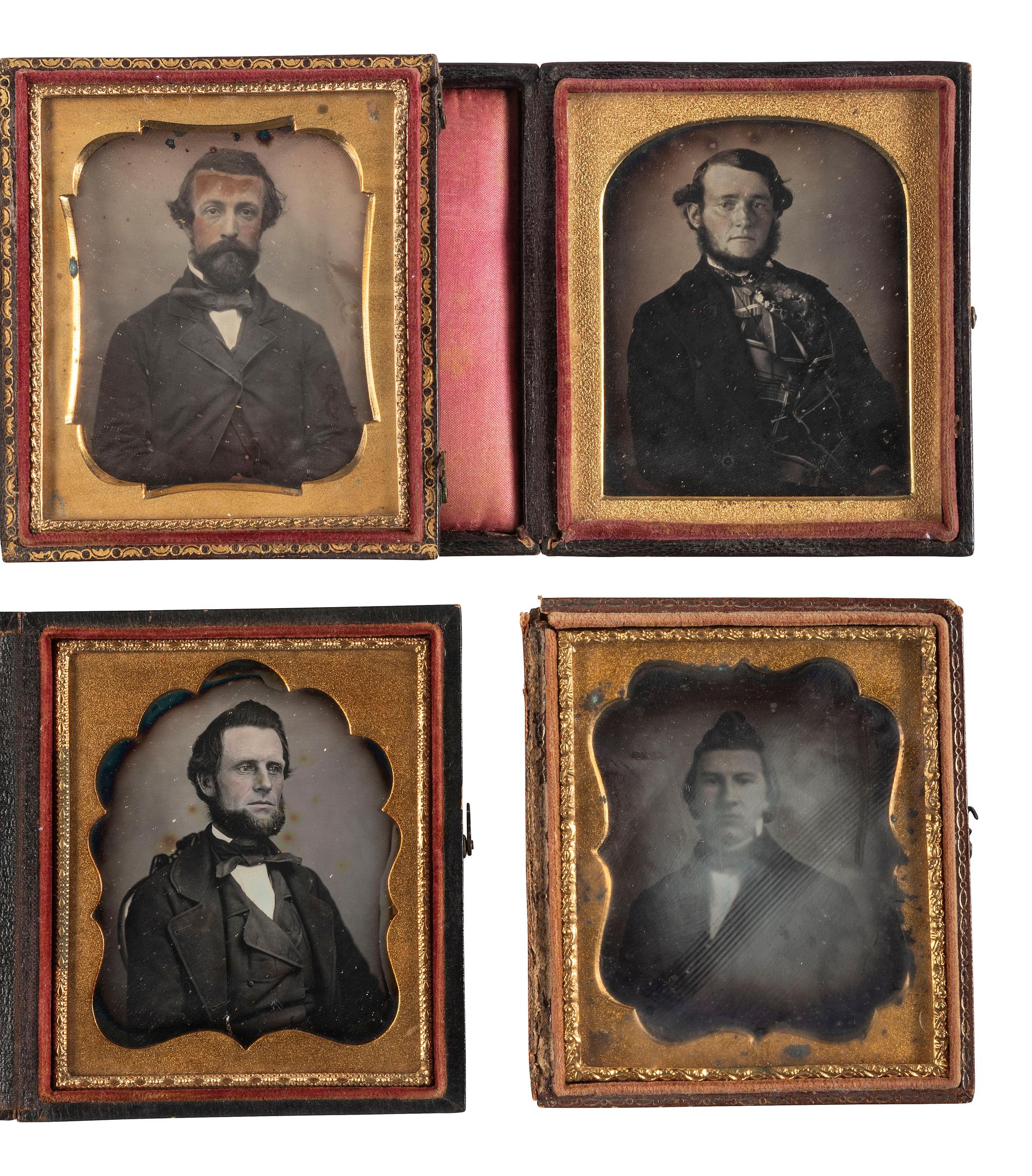 [EARLY PHOTOGRAPHY]. A group of 25 daguerreotype and ambrotype portraits of men with interesting hairstyles and facial hair, including: