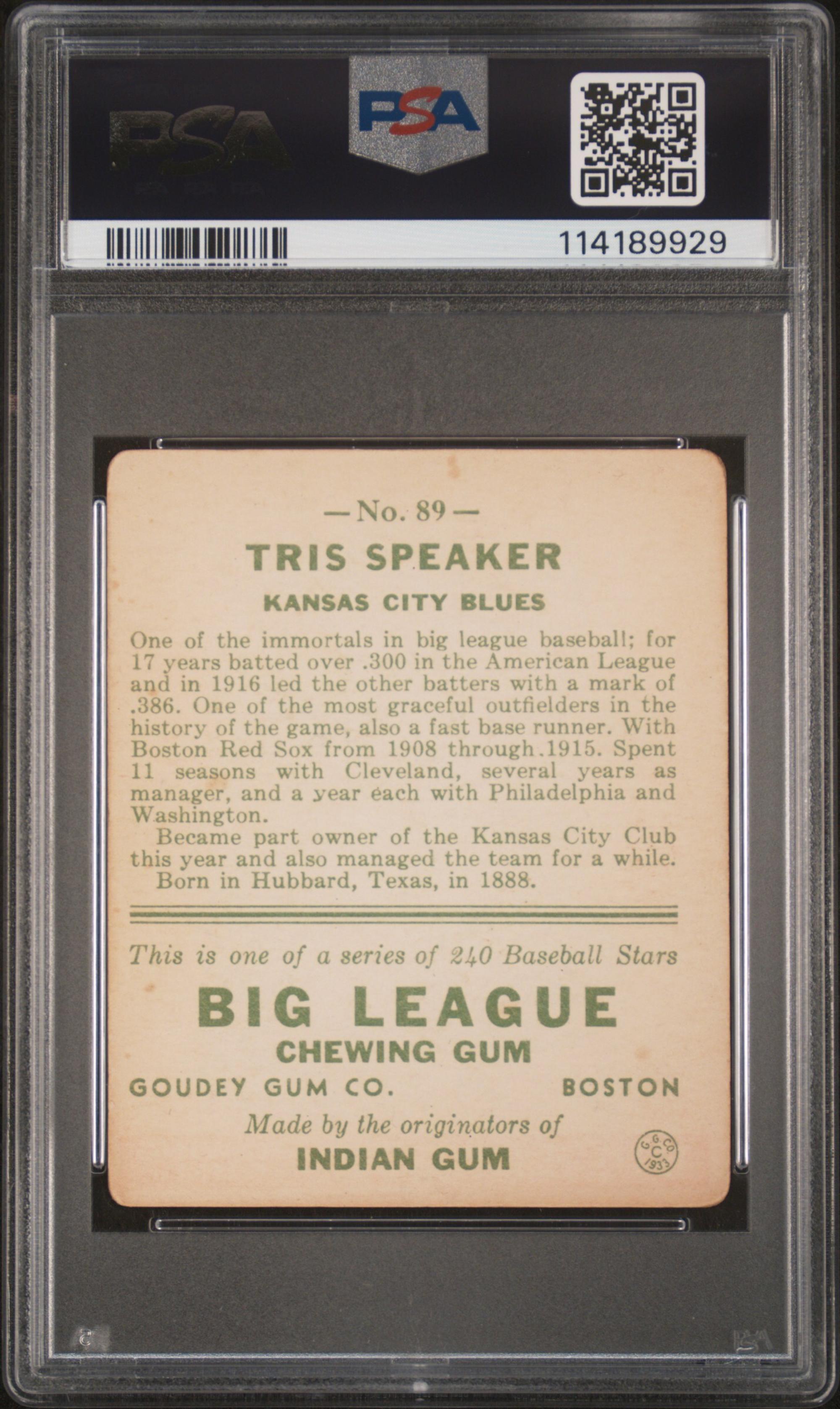 A 1933 Goudey Tris Speaker Baseball Card No. 89 (PSA 2 GOOD)