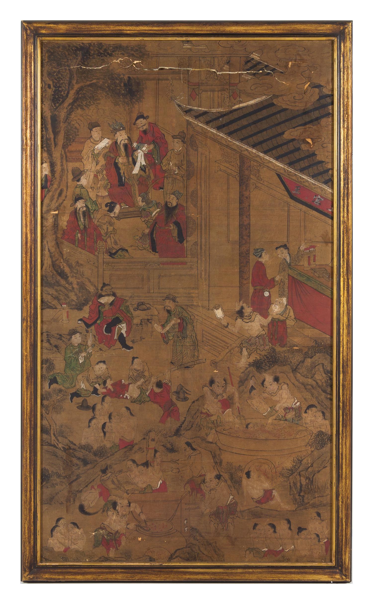 Three Ink and Color Paintings on Paper Each 60 1/2 x 33 1/2 inches (image). — 19TH CENTURY