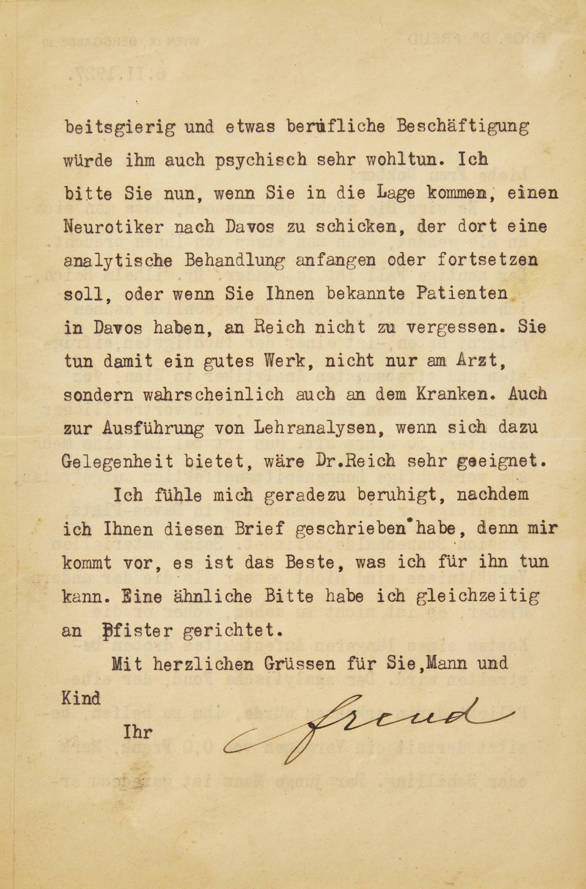 [Psychology] [Reich, Wilhelm] Freud, Sigmund. Typed Letter, signed