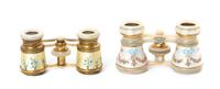 Two Pairs of Continental Guilloche Enameled and Mother-of-Pearl Mounted Opera Glasses, Width of first 3 7/8 inches.