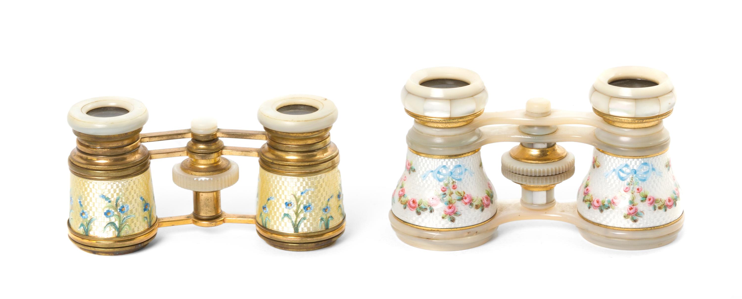 Two Pairs of Continental Guilloche Enameled and Mother-of-Pearl Mounted Opera Glasses, Width of first 3 7/8 inches.