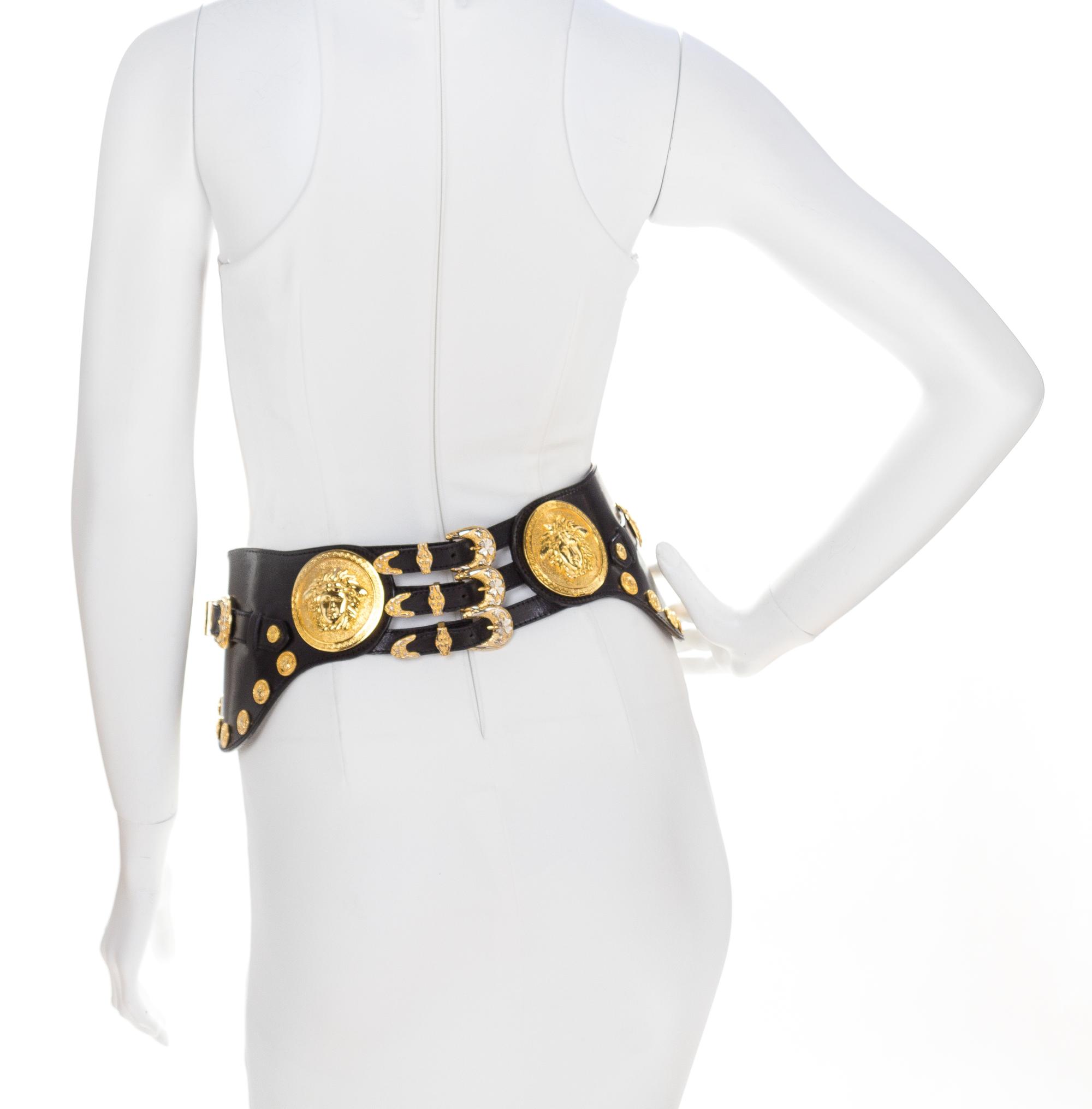 A Gianni Versace Black Leather Medallion Wide Belt, Size 75.