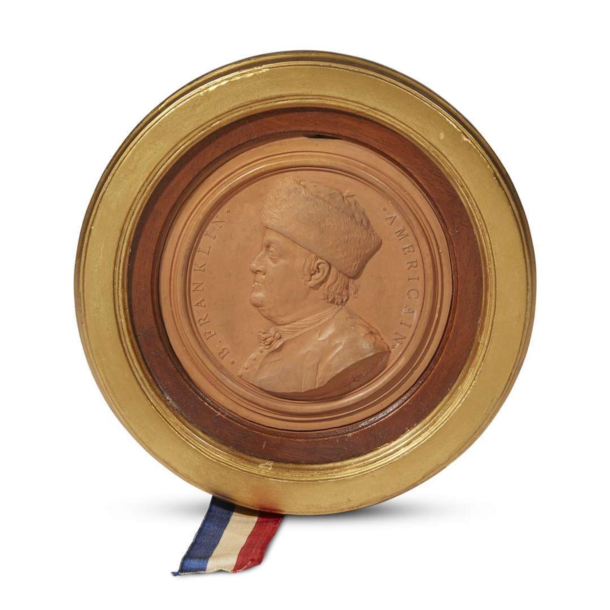 Jean Baptiste Nini (French, 1717-1786) Terra-cotta medallion profile of Benjamin Franklin