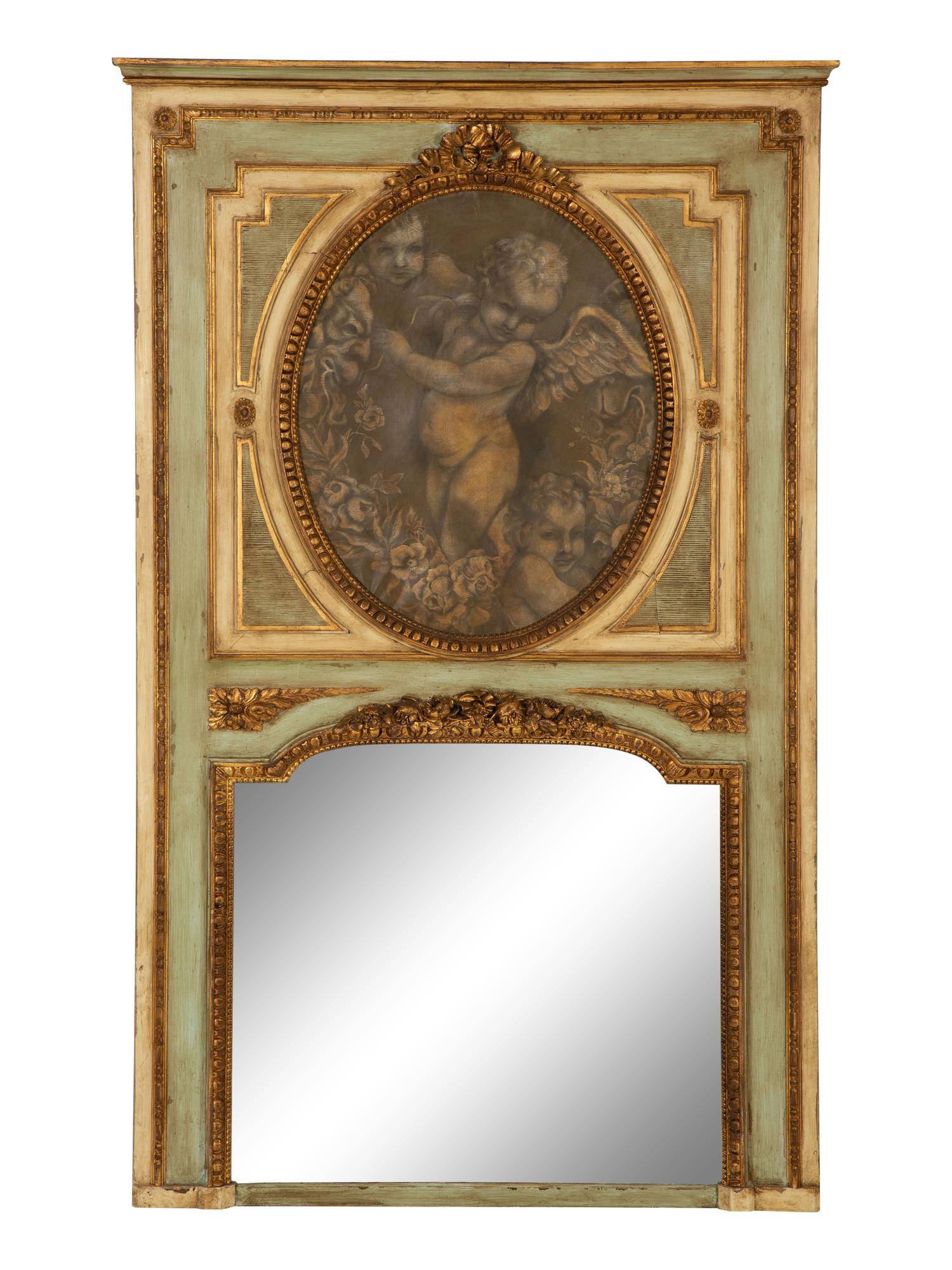 A French Painted and Parcel Gilt Trumeau Mirror