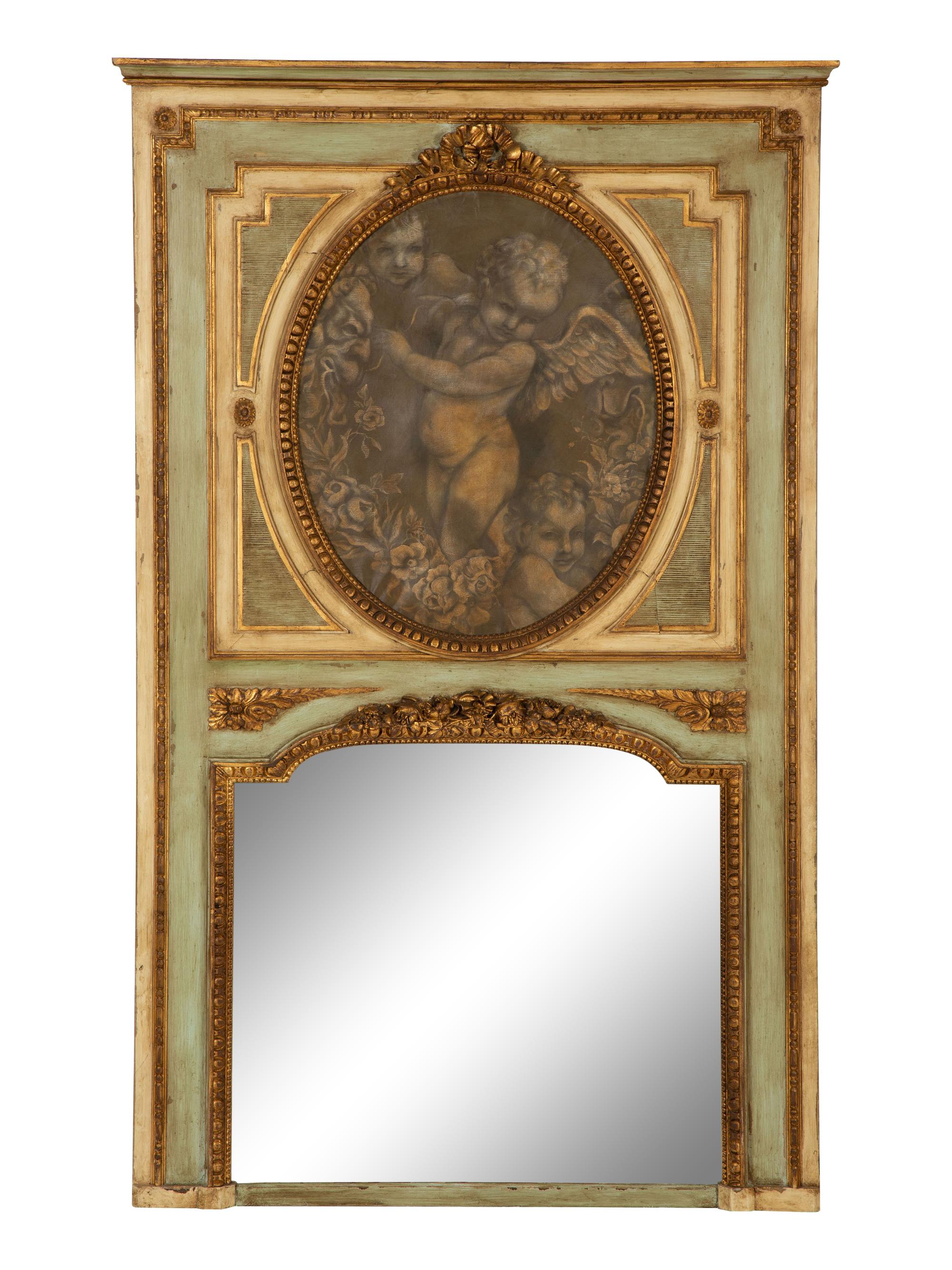 A French Painted and Parcel Gilt Trumeau Mirror