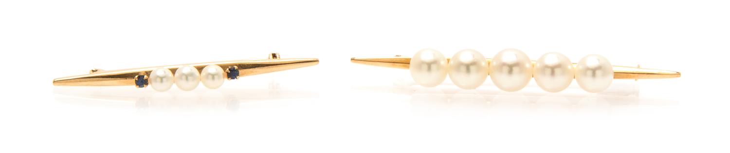 A Collection of 14 Karat Yellow Gold, Cultured Pearl and Sapphire Bar Brooches, 5.00 dwts.