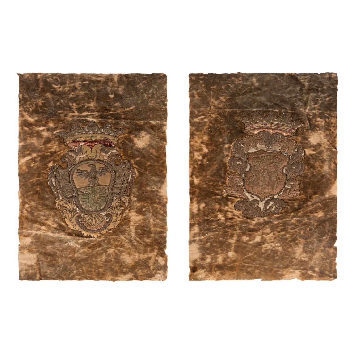 Two Velvet Panels with Silver Fil é Heraldic Crest Appliqués