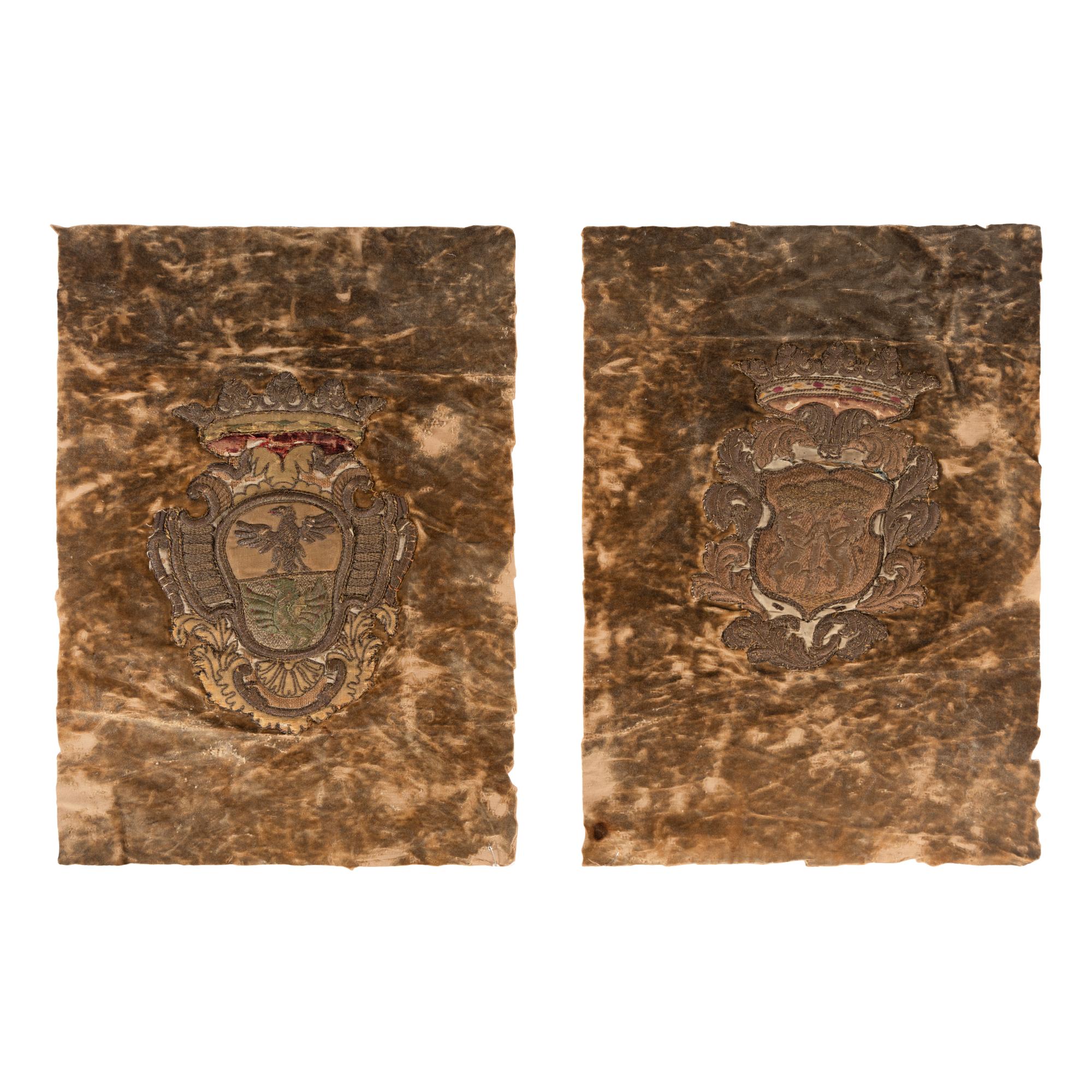 Two Velvet Panels with Silver Fil é Heraldic Crest Appliqués