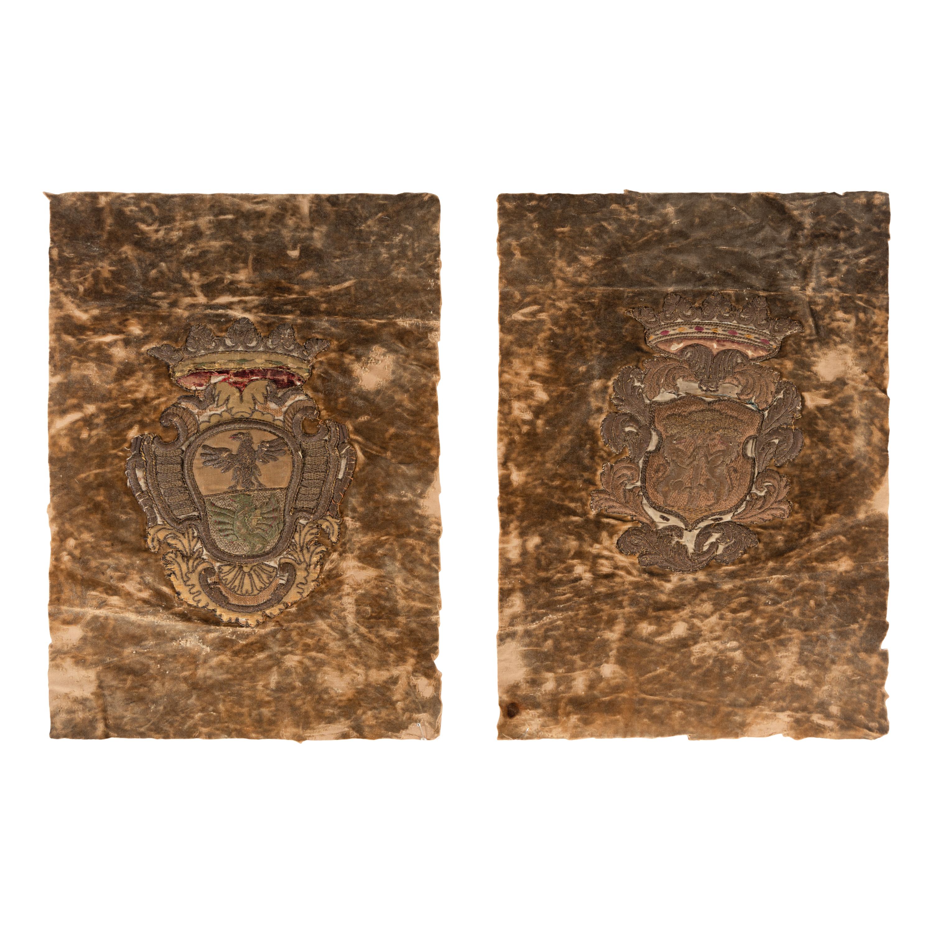 Two Velvet Panels with Silver Fil é Heraldic Crest Appliqués