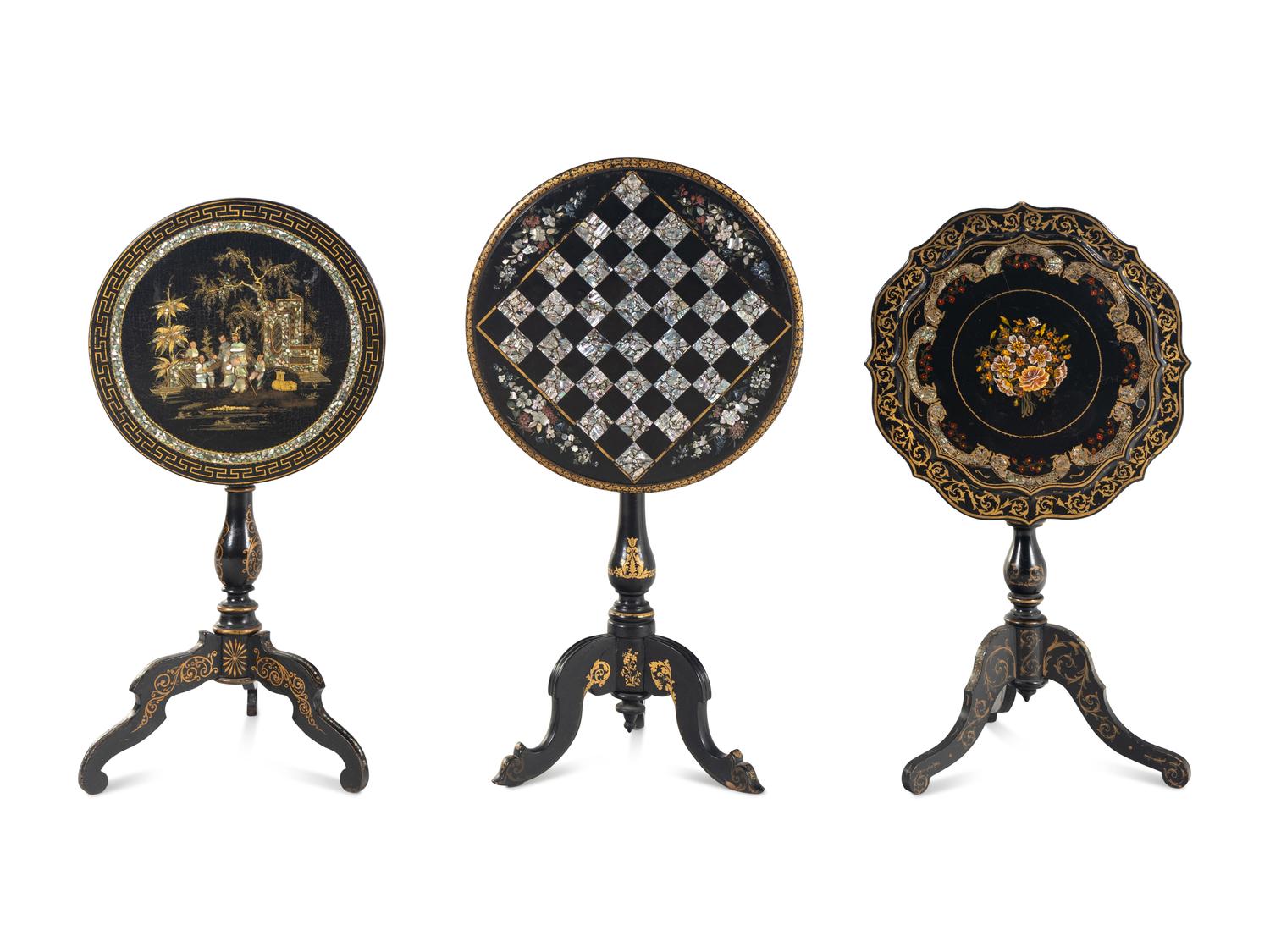 Three Victorian Mother of Pearl Papier-Mâché Tilt Top Tables