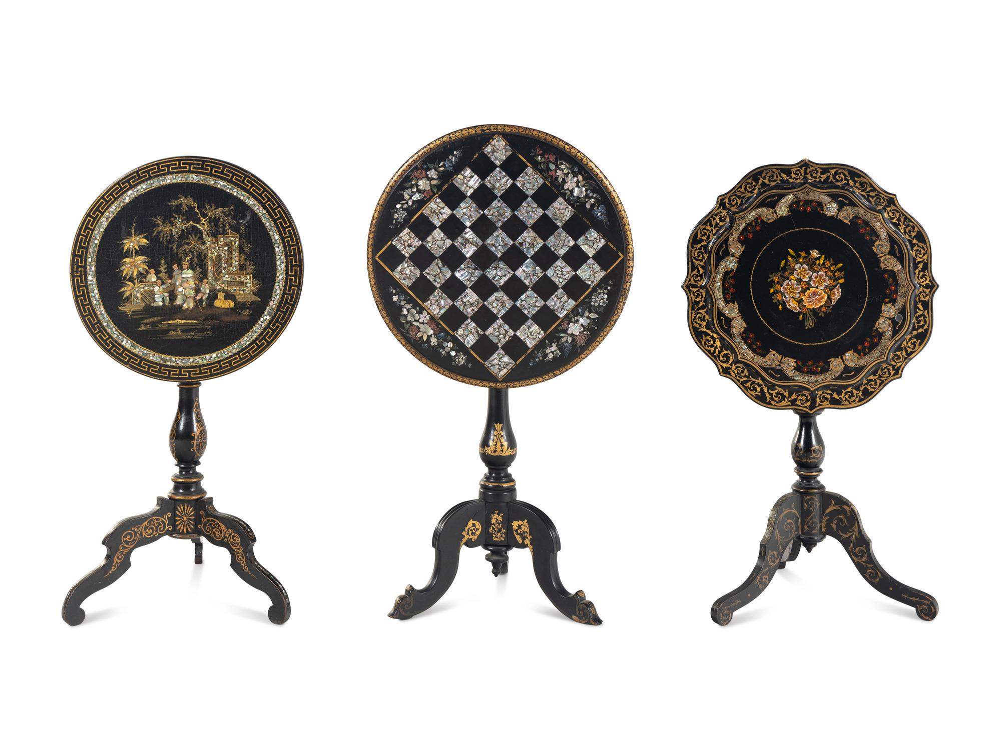 Three Victorian Mother of Pearl Papier-Mâché Tilt Top Tables