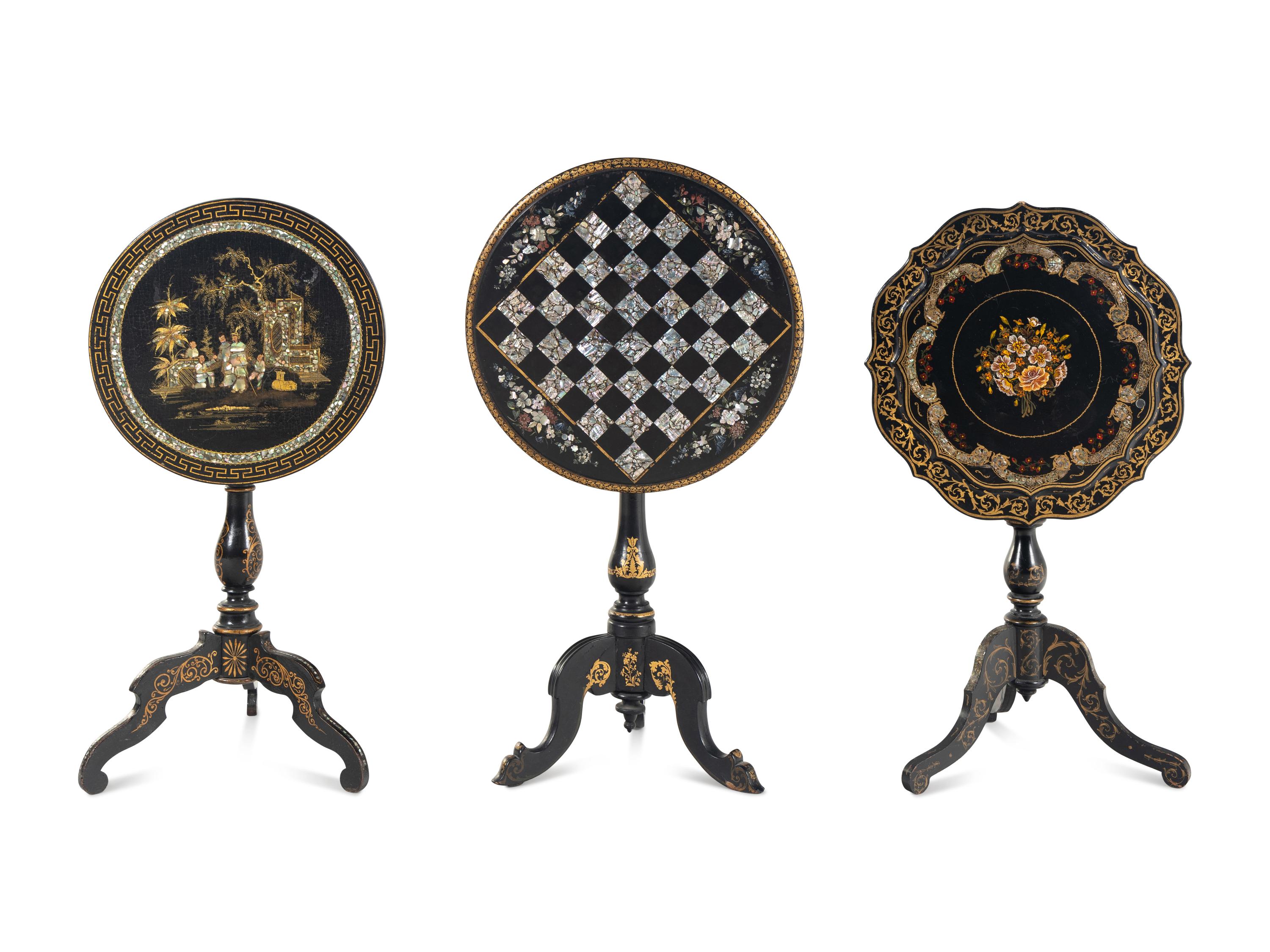 Three Victorian Mother of Pearl Papier-Mâché Tilt Top Tables