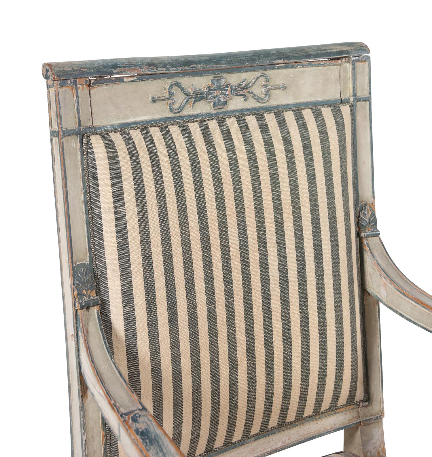 A Pair of Directoire White and Blue Painted Fauteuils