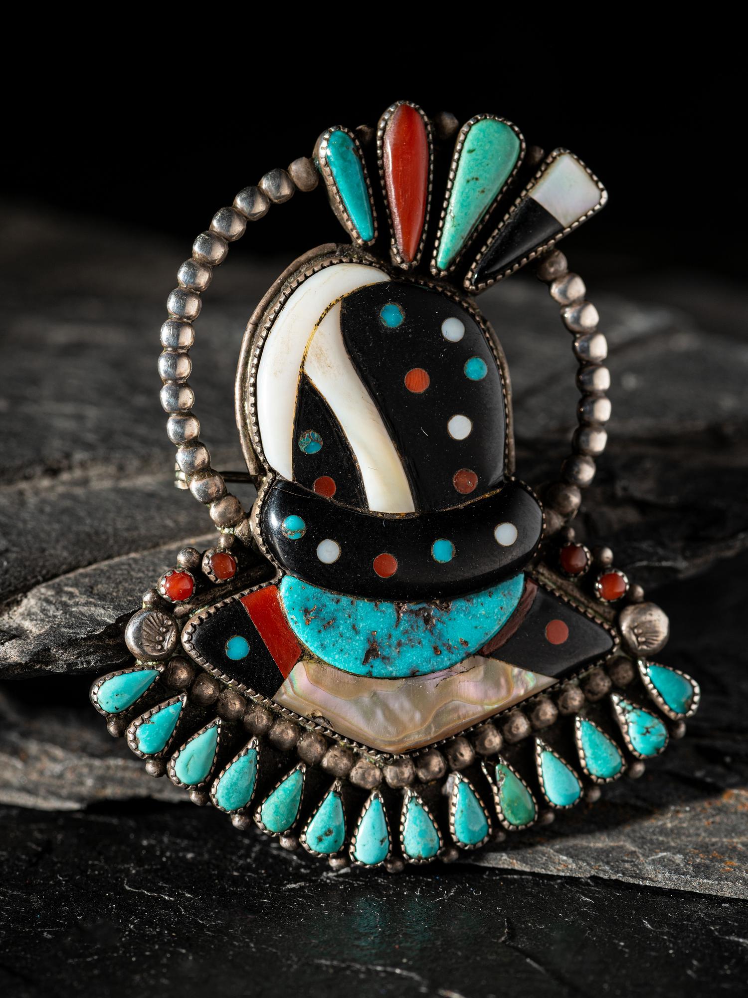 Silver and Mosaic Inlay Fire God Brooch / Pin