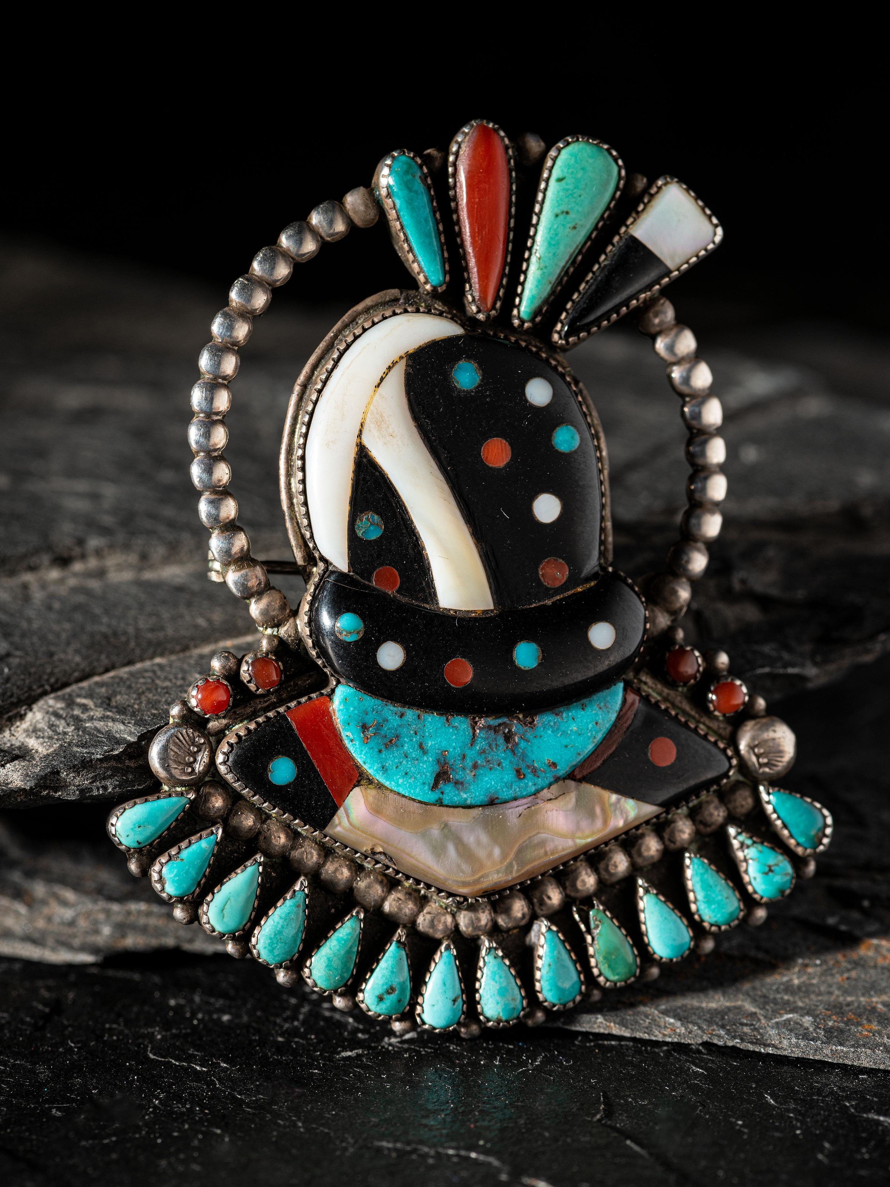Silver and Mosaic Inlay Fire God Brooch / Pin