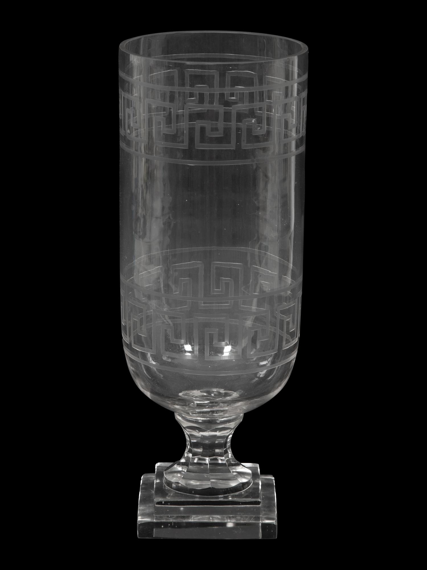 A Triple Etched Banded Greek Key Hurricane Lamp