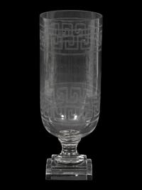A Triple Etched Banded Greek Key Hurricane Lamp