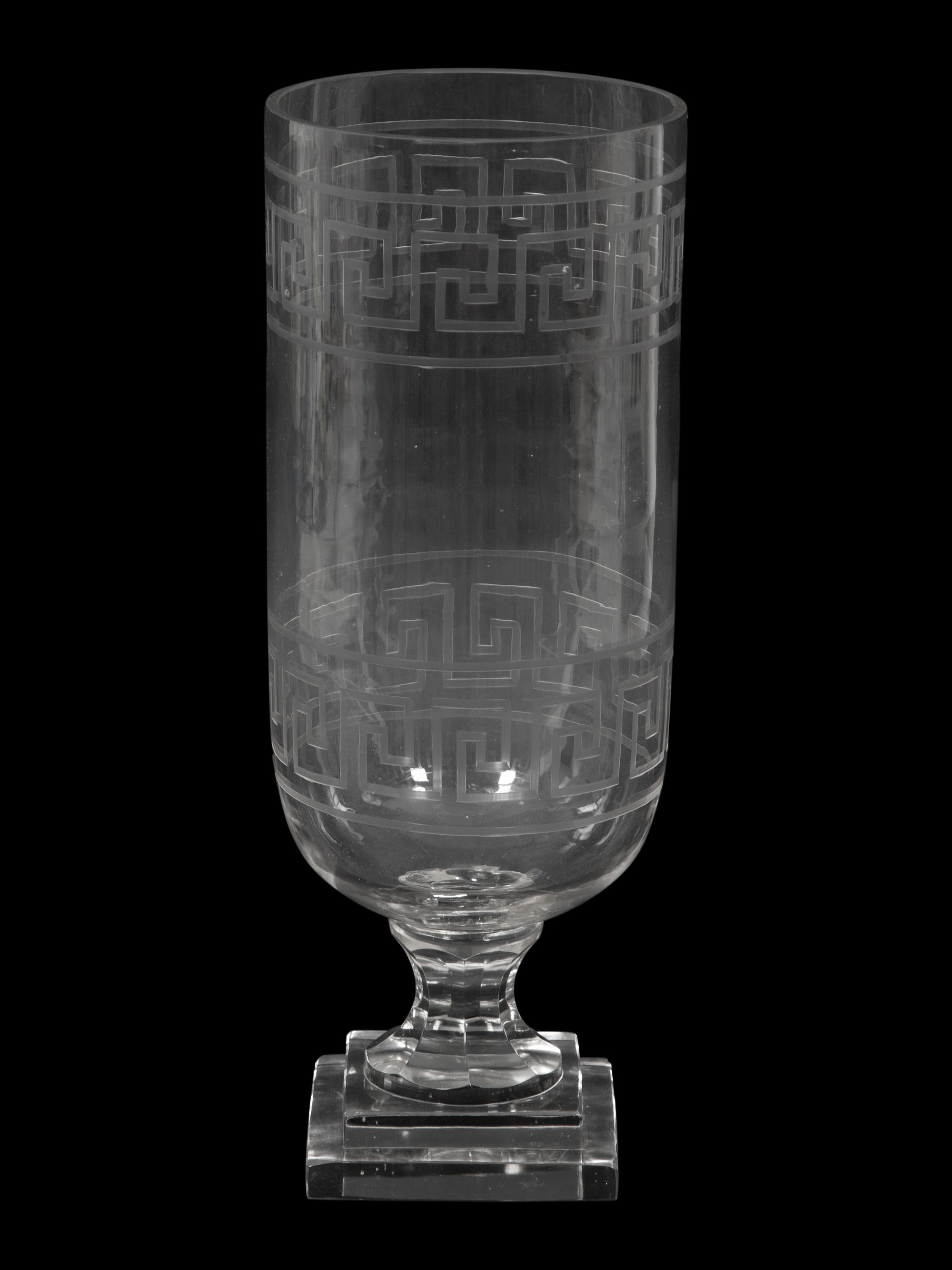 A Triple Etched Banded Greek Key Hurricane Lamp