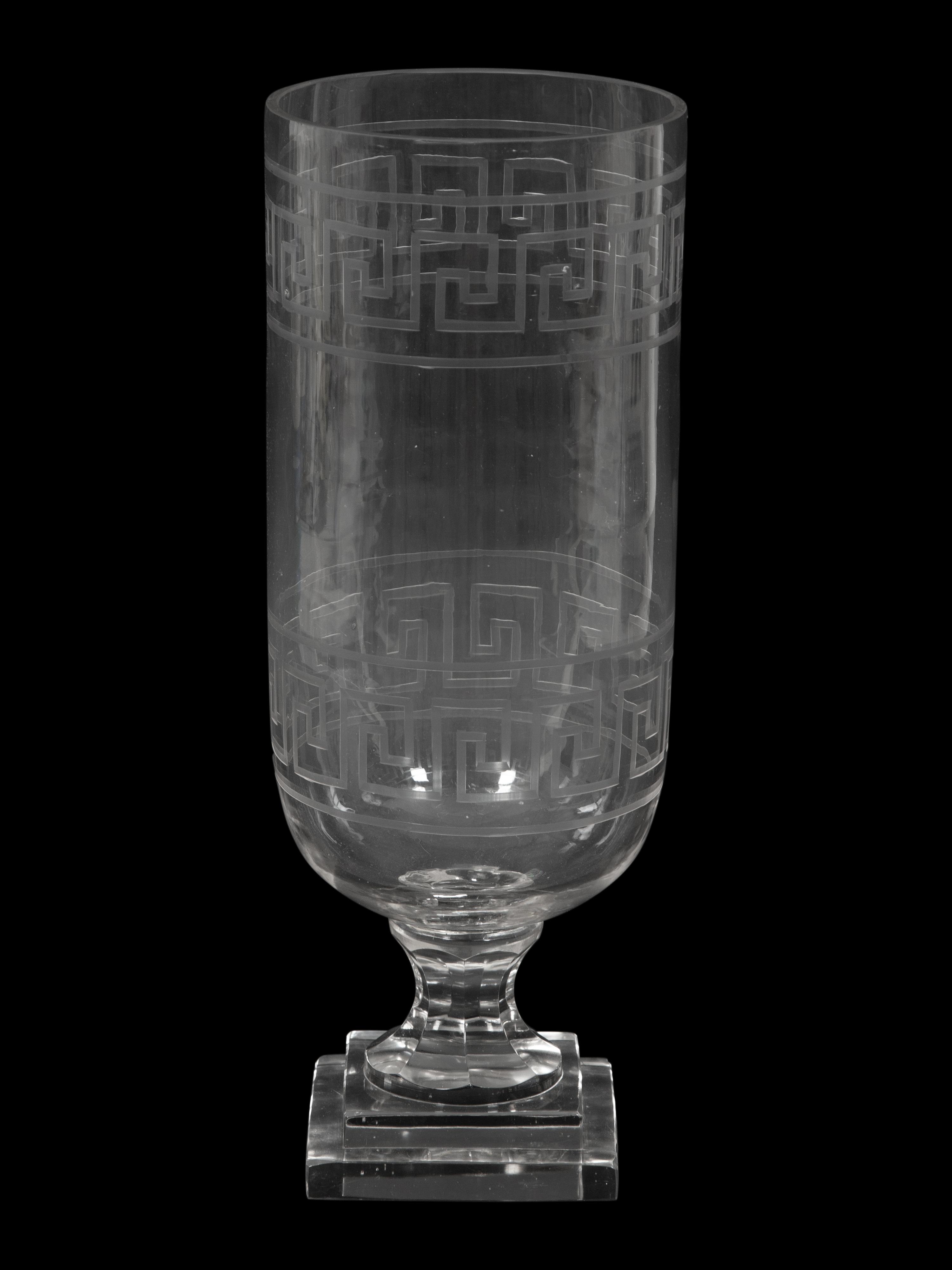 A Triple Etched Banded Greek Key Hurricane Lamp
