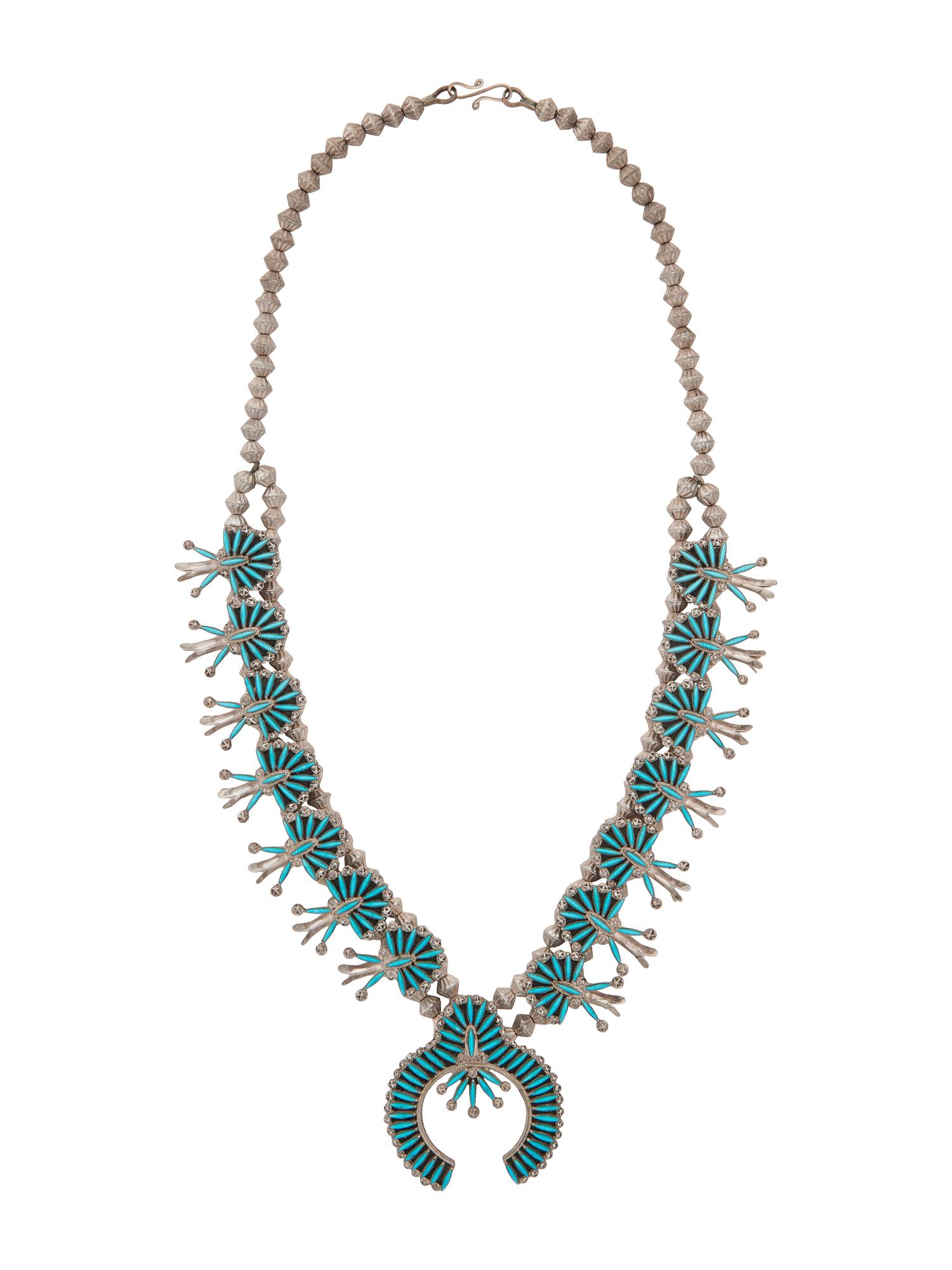Silver and Turquoise Needle Point Squash Blossom Necklace