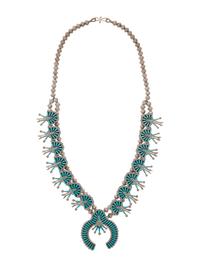 Silver and Turquoise Needle Point Squash Blossom Necklace