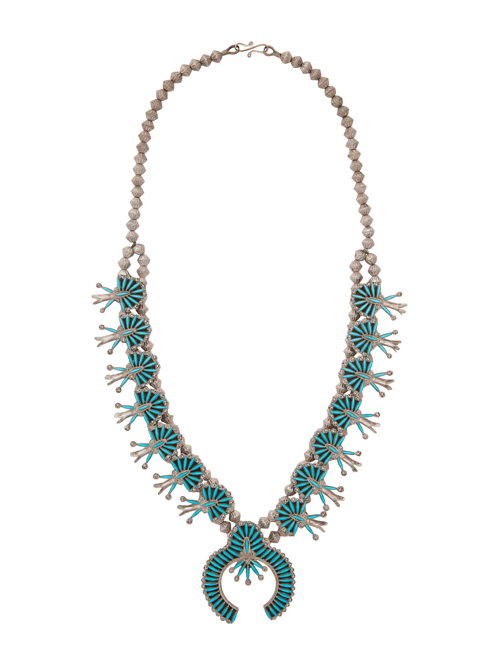 Silver and Turquoise Needle Point Squash Blossom Necklace
