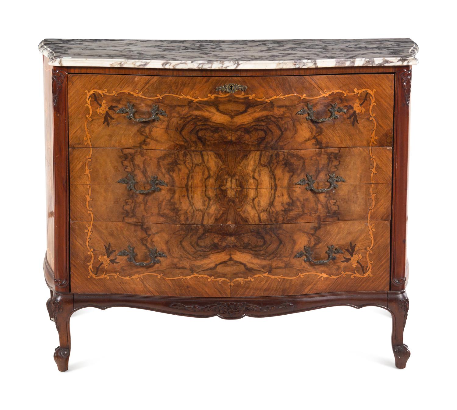 An Italian Marquetry Marble-Top Secretary Commode